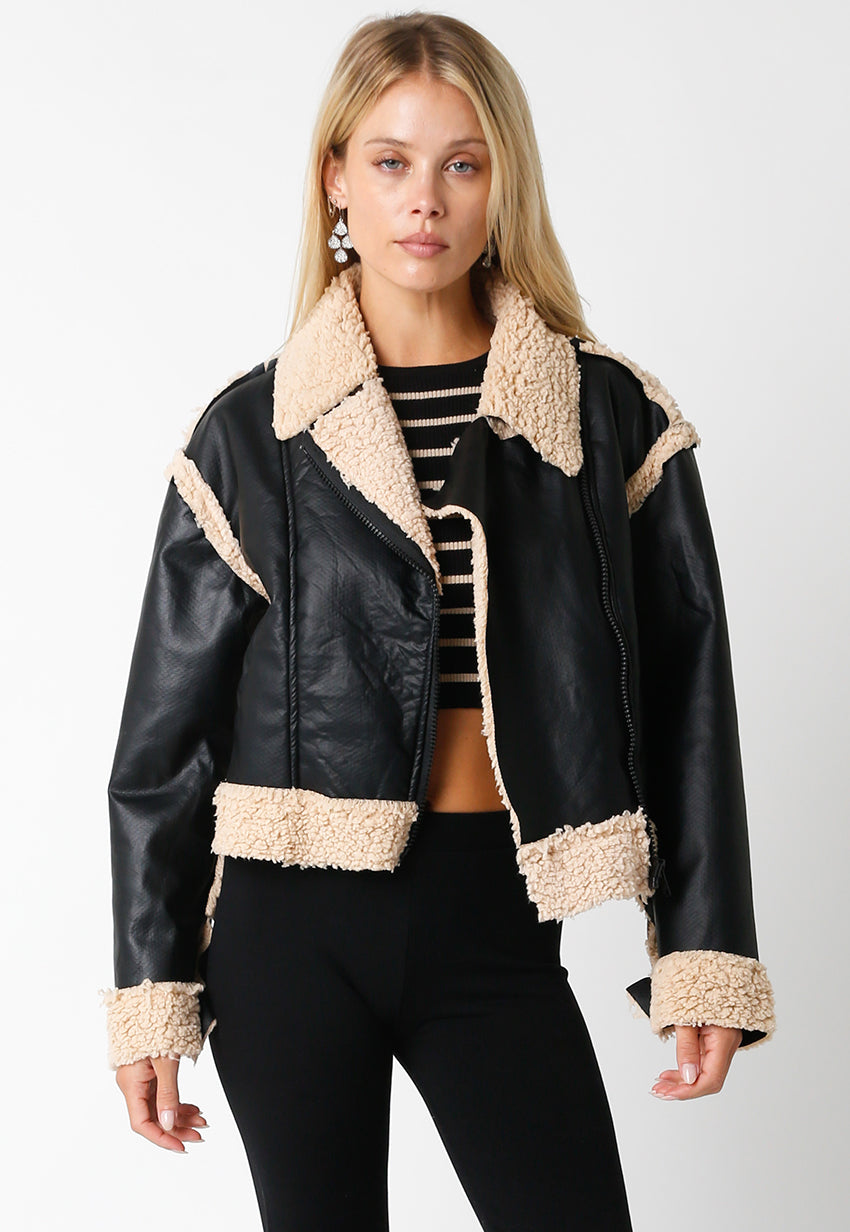 BLACK FAUX LEATHER AND SHERPA JACKET