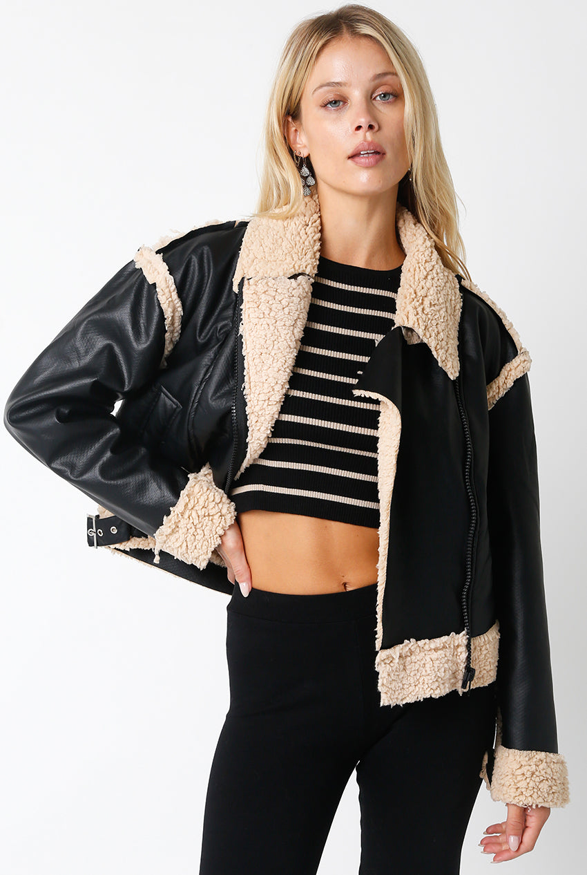BLACK FAUX LEATHER AND SHERPA JACKET