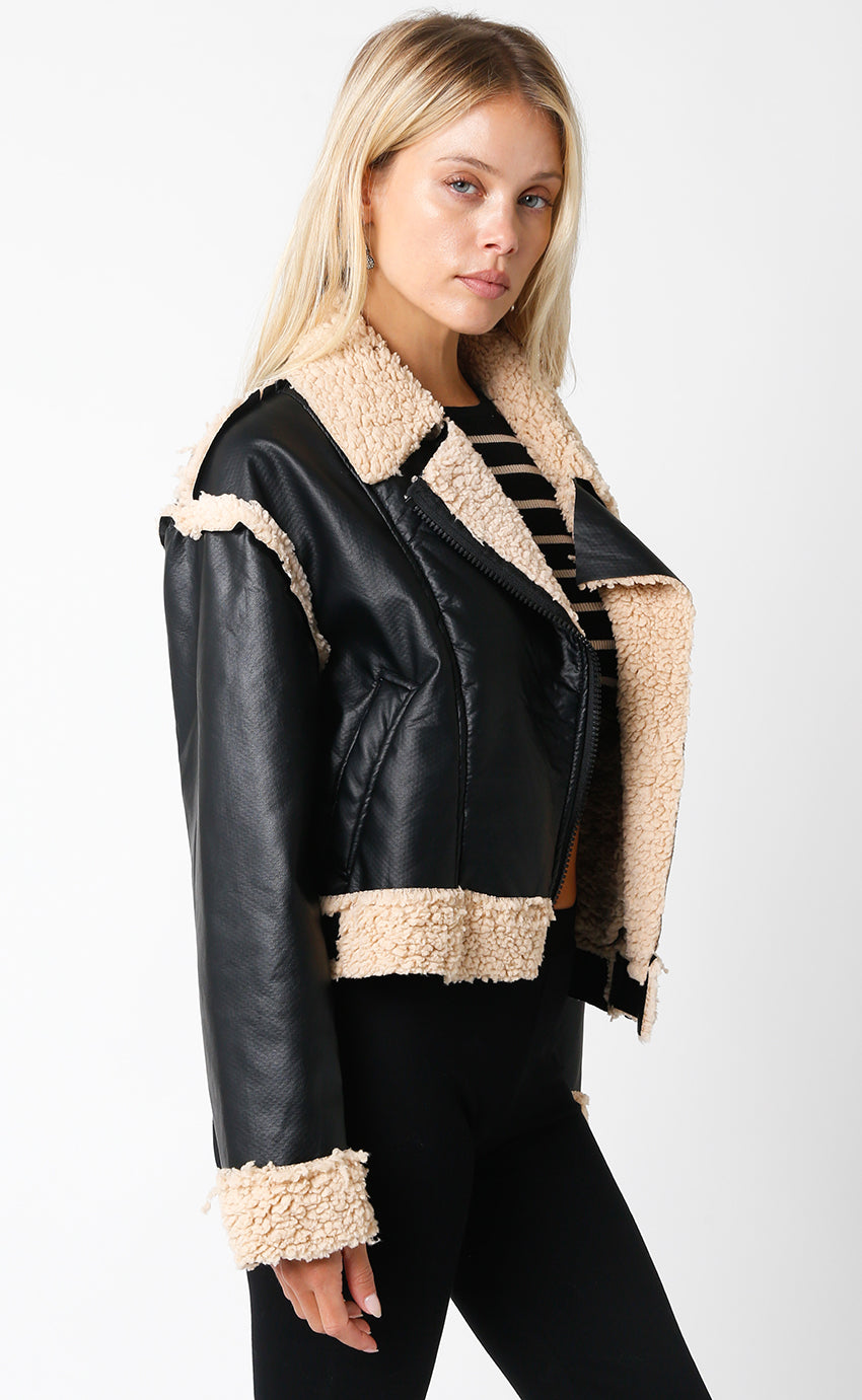 BLACK FAUX LEATHER AND SHERPA JACKET