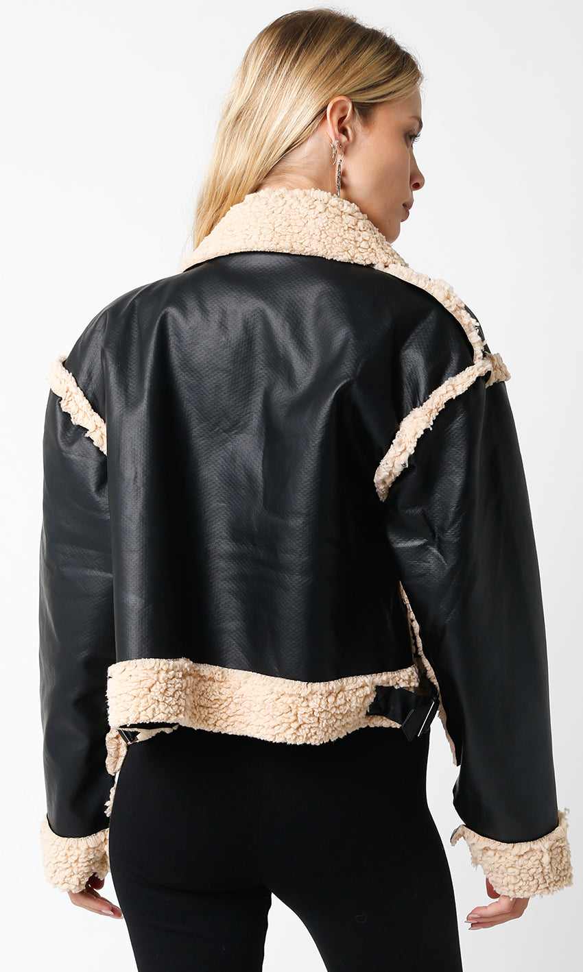BLACK FAUX LEATHER AND SHERPA JACKET
