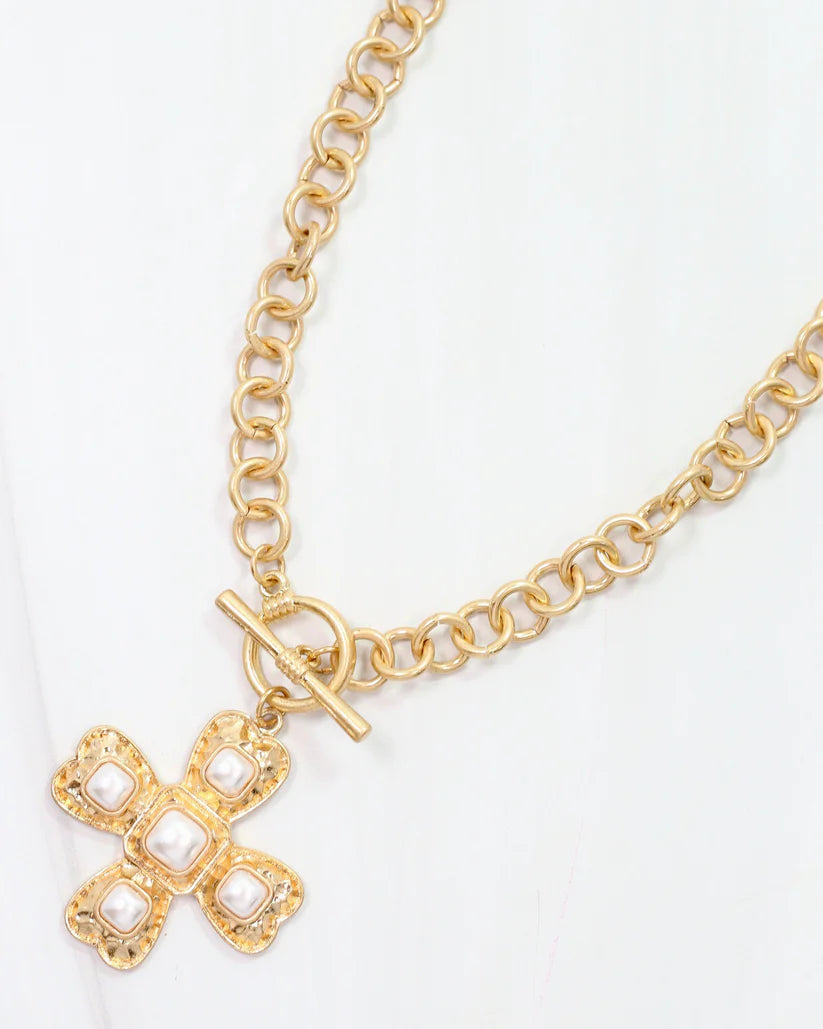 GOLD AND PEARL CROSS NECKLACE