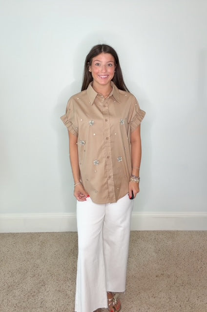 STARDUST RHINESTONE TOP IN TAN BY KARLIE