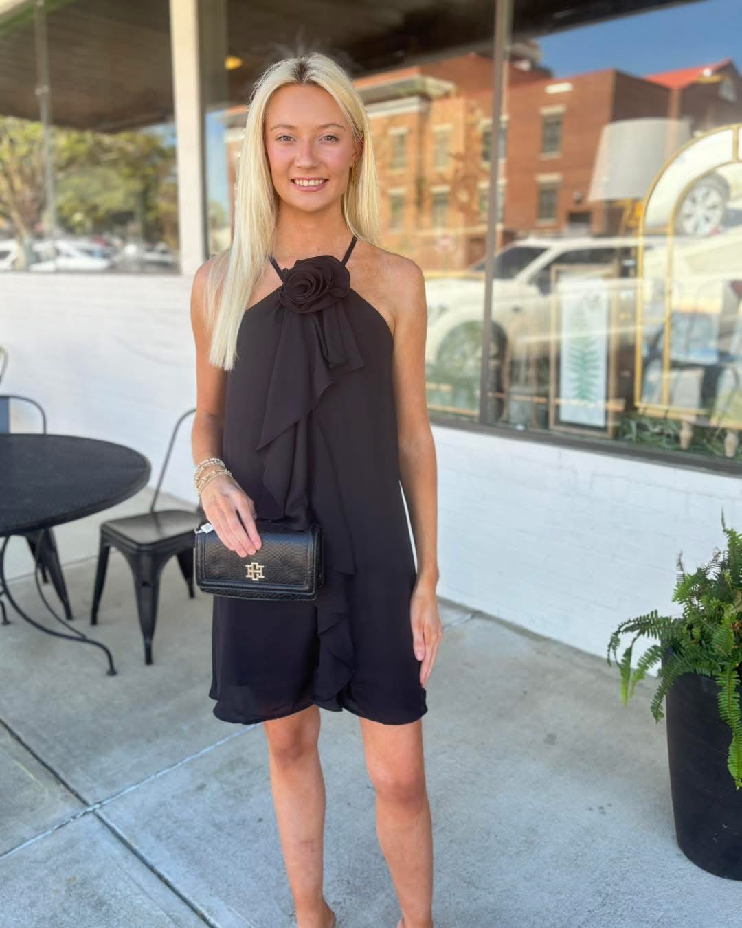 ROSETTE RUFFLED HALTER DRESS