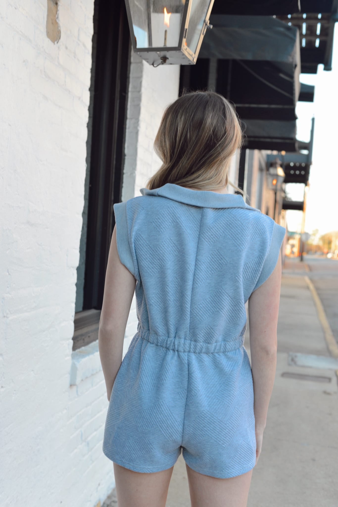 DROP SHOULDER TEXTURED FRONT ZIP ROMPER WITH SIDE POCKETS