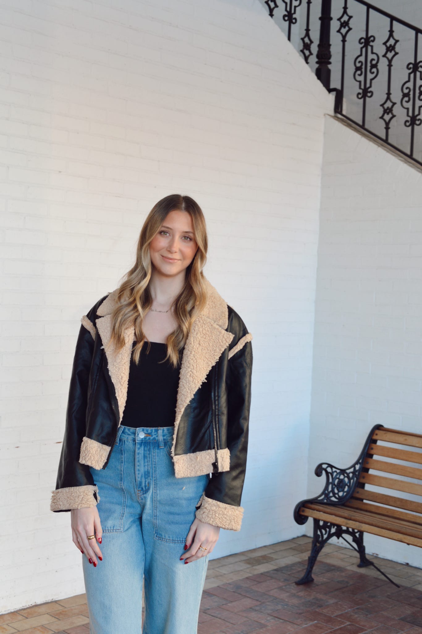 BLACK FAUX LEATHER AND SHERPA JACKET
