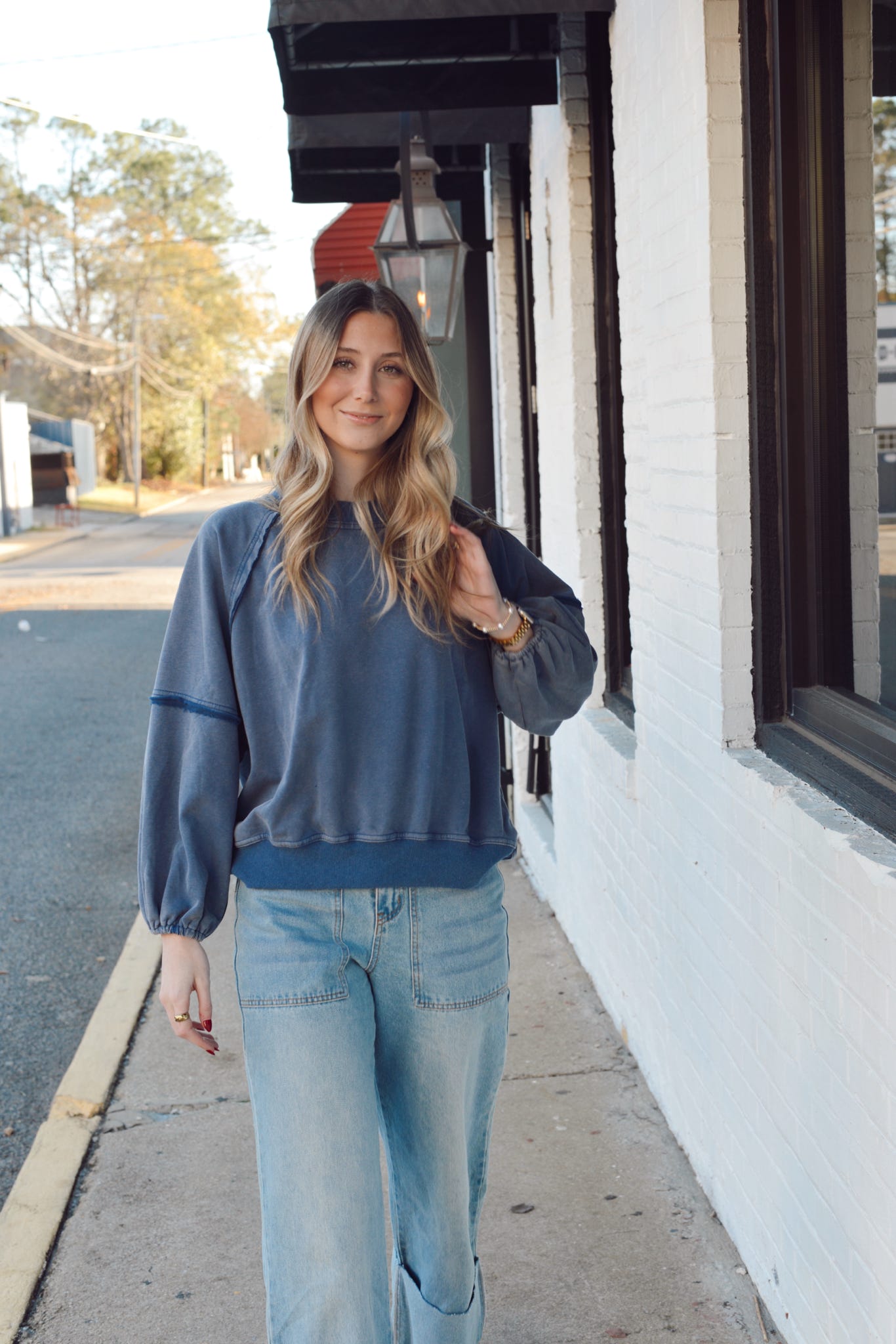 BALLOON SLEEVE ROUND NECK WASHED PULLOVER SWEATSHIRT