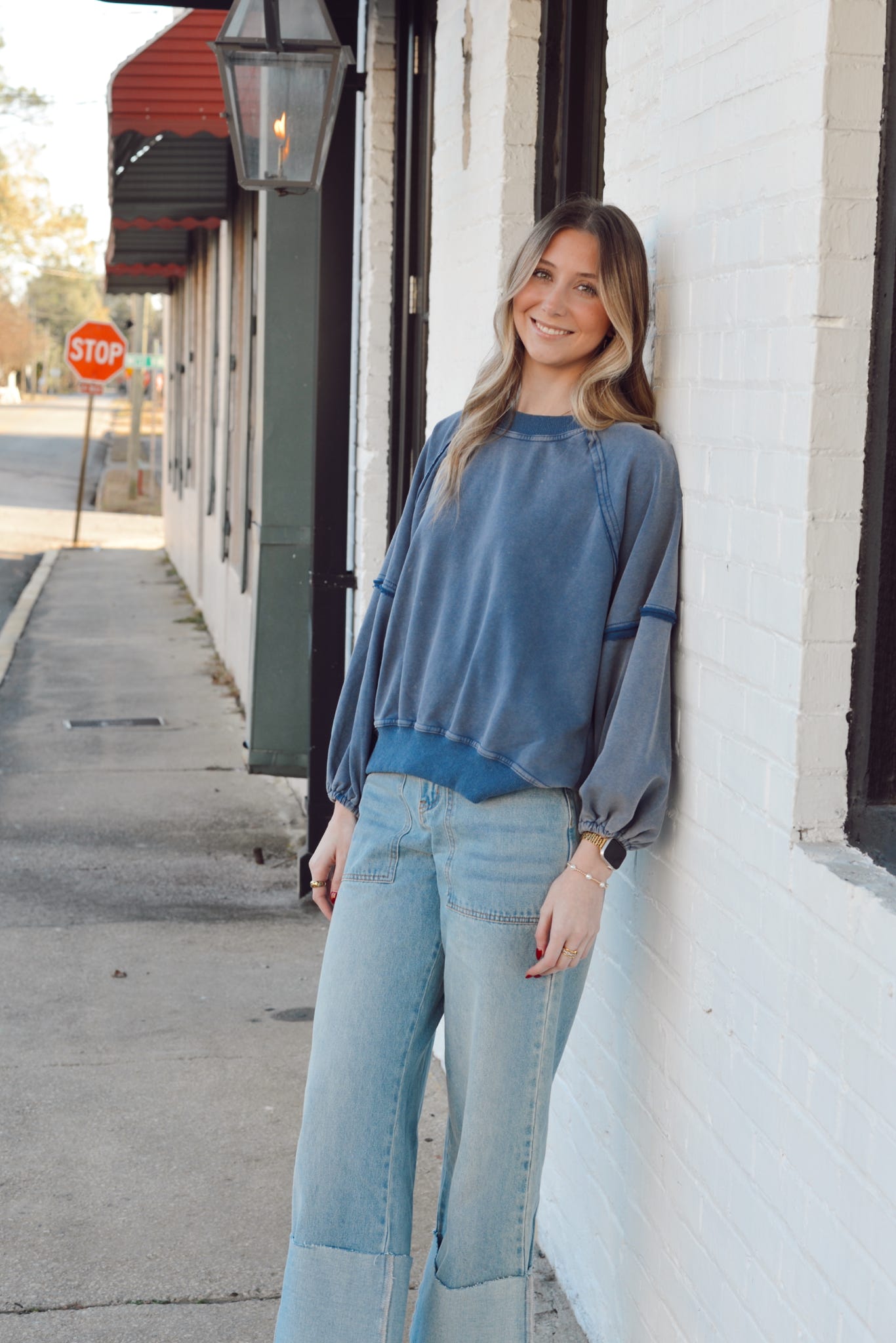 BALLOON SLEEVE ROUND NECK WASHED PULLOVER SWEATSHIRT