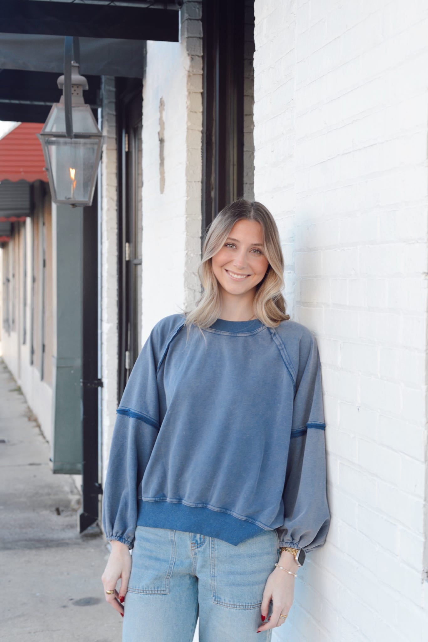 BALLOON SLEEVE ROUND NECK WASHED PULLOVER SWEATSHIRT