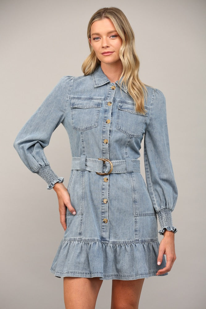 BELTED LONG SLEEVE WASHED DENIM DRESS