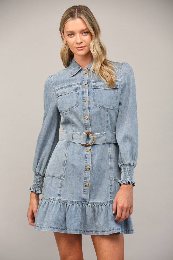 BELTED LONG SLEEVE WASHED DENIM DRESS