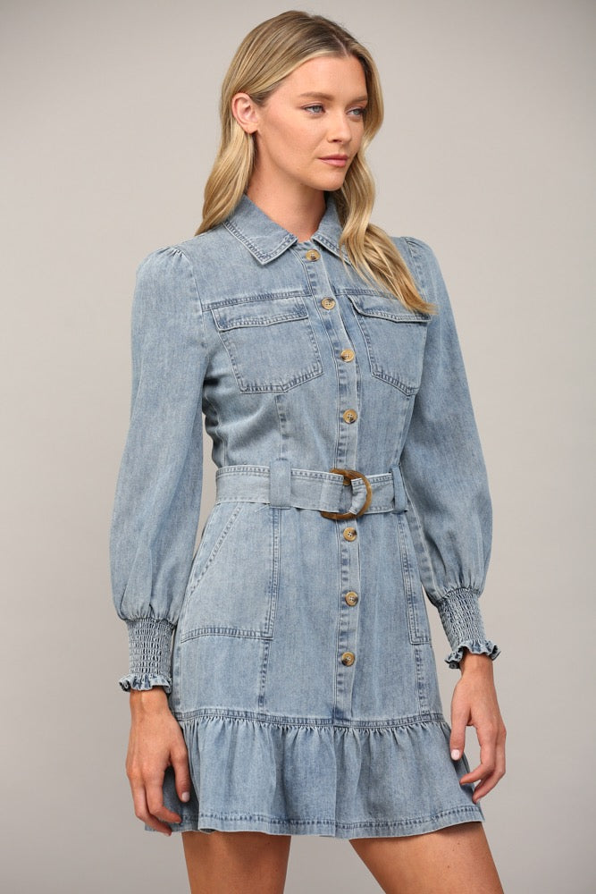 BELTED LONG SLEEVE WASHED DENIM DRESS