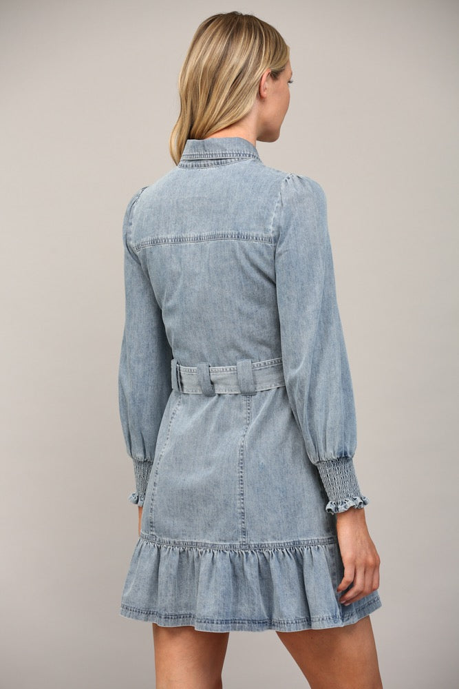 BELTED LONG SLEEVE WASHED DENIM DRESS