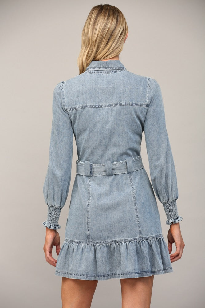BELTED LONG SLEEVE WASHED DENIM DRESS