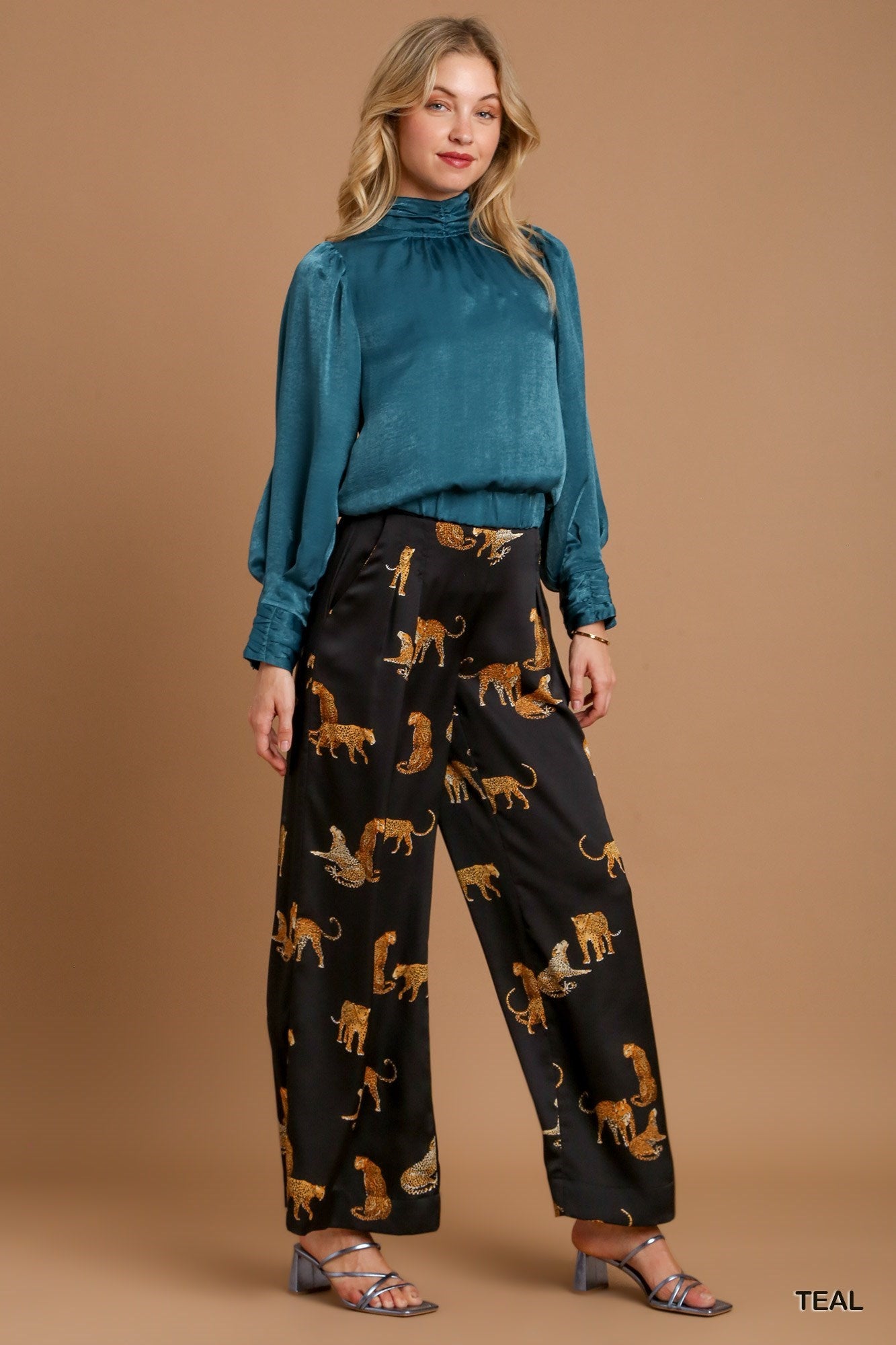 Hi-Neck Puff Sleeve with Elastic Waist Band Satin Top