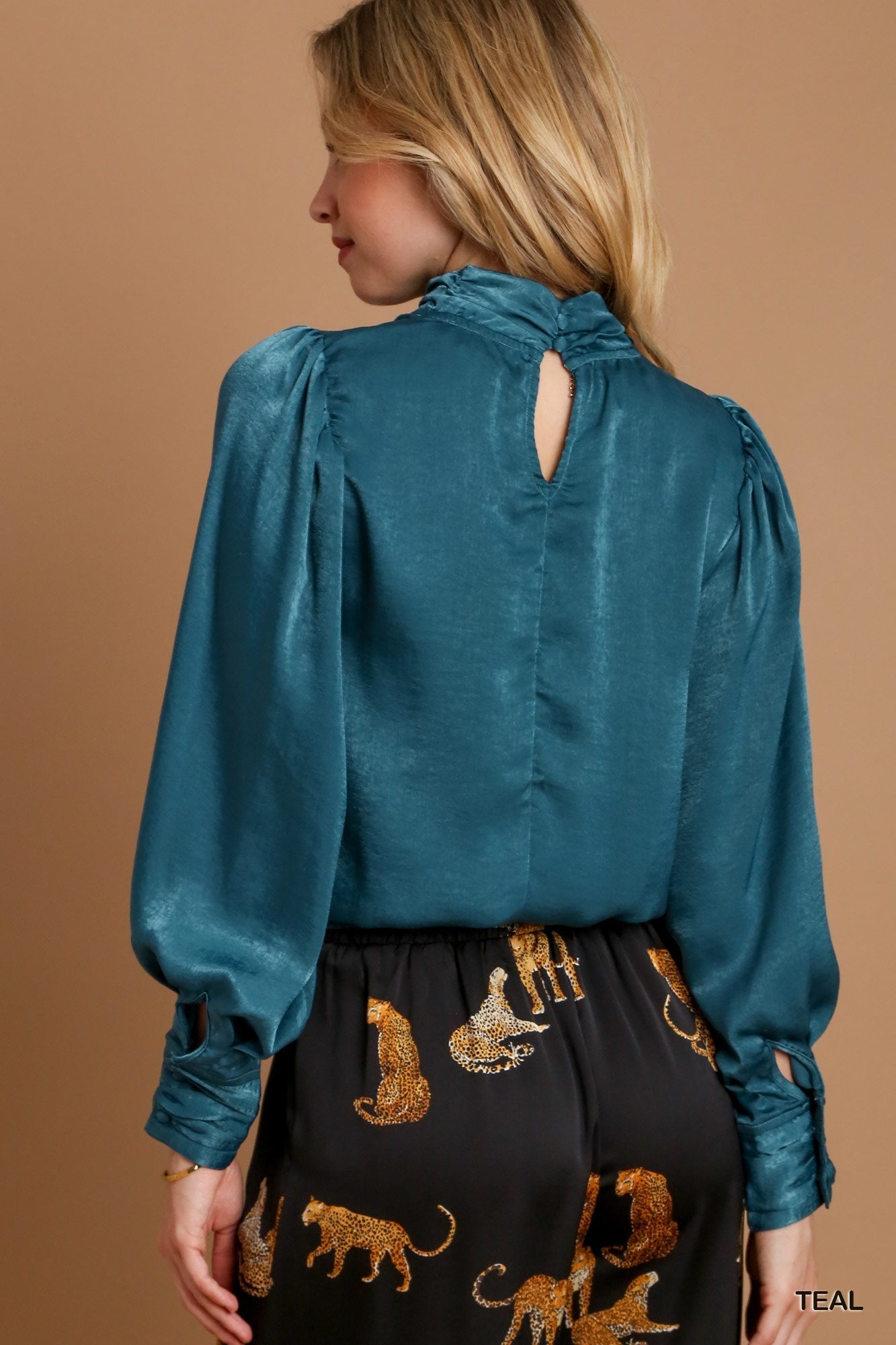 Hi-Neck Puff Sleeve with Elastic Waist Band Satin Top