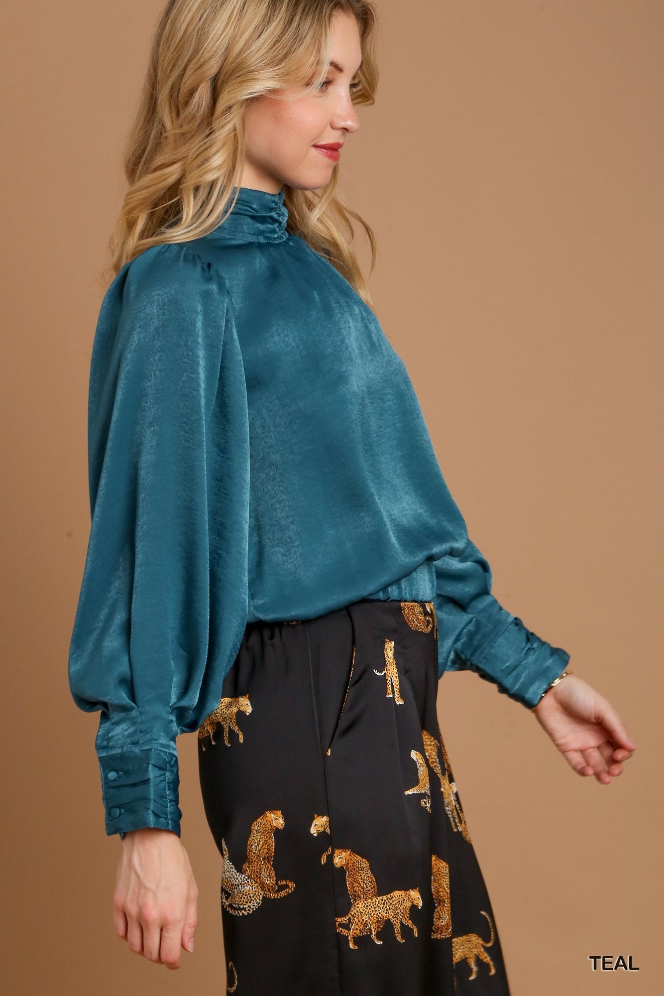 Hi-Neck Puff Sleeve with Elastic Waist Band Satin Top