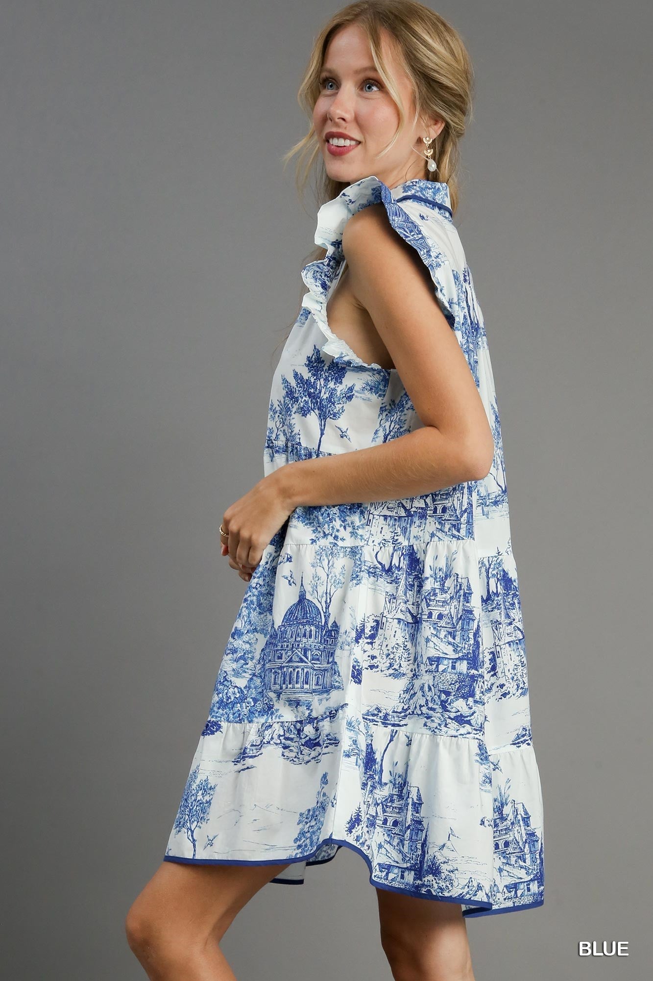 TWO TONE LANDSCAPE PRINT MINI DRESS WITH RUFFLE SLEEVES & CONTRAST PIPING