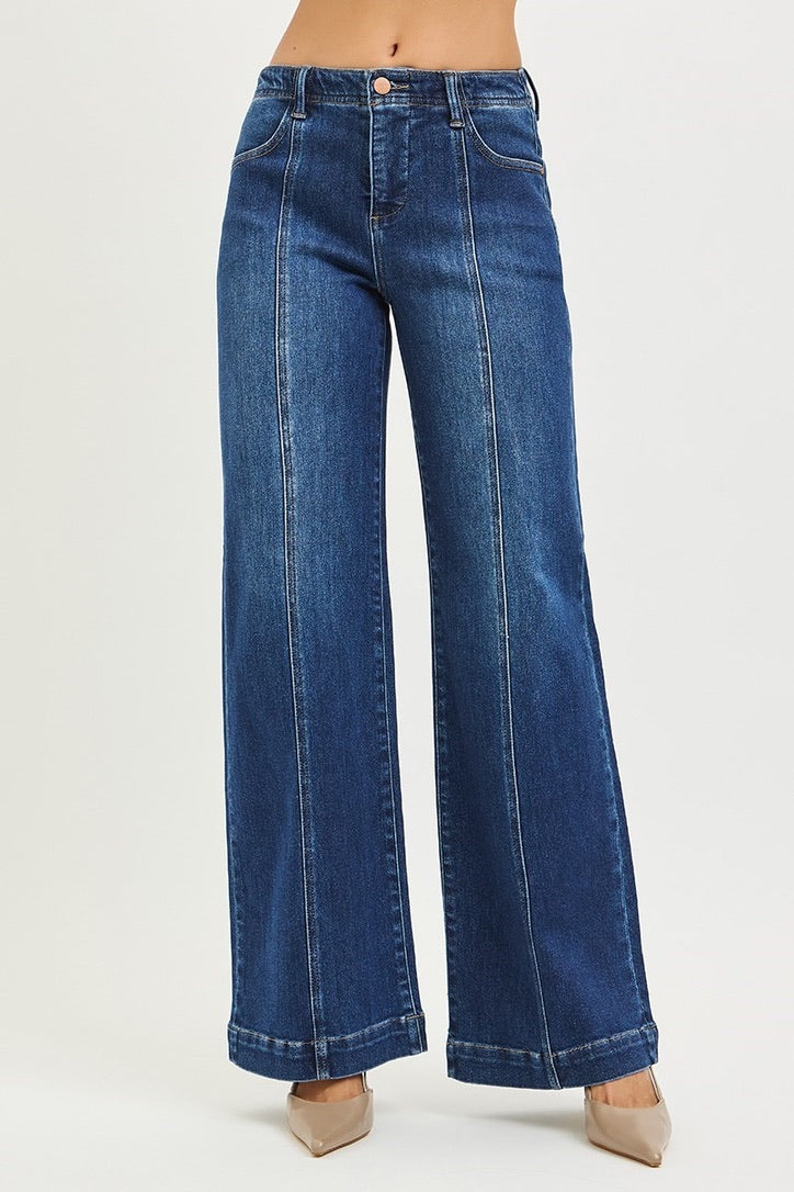 RISEN JEANS MID RISE WIDE LEG JEANS WITH FRONT SEAM DETAIL