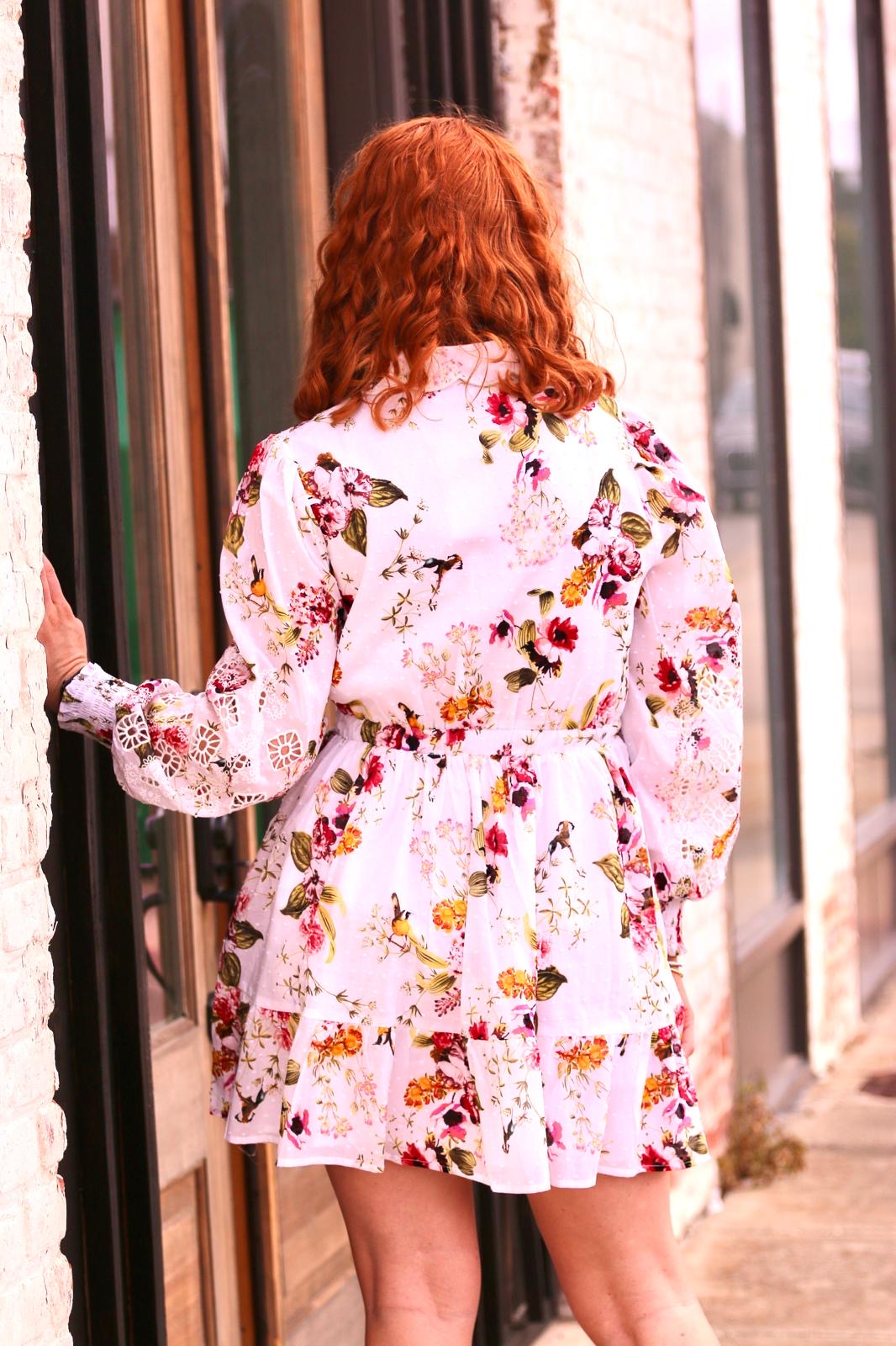 WHITE SWISS DOT FLORAL DRESS WITH TIE