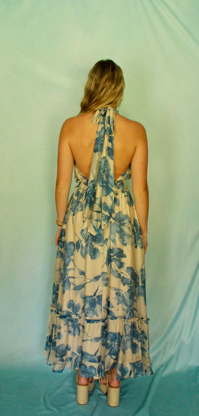 CERULEAN BLOOM HALTER MAXI DRESS