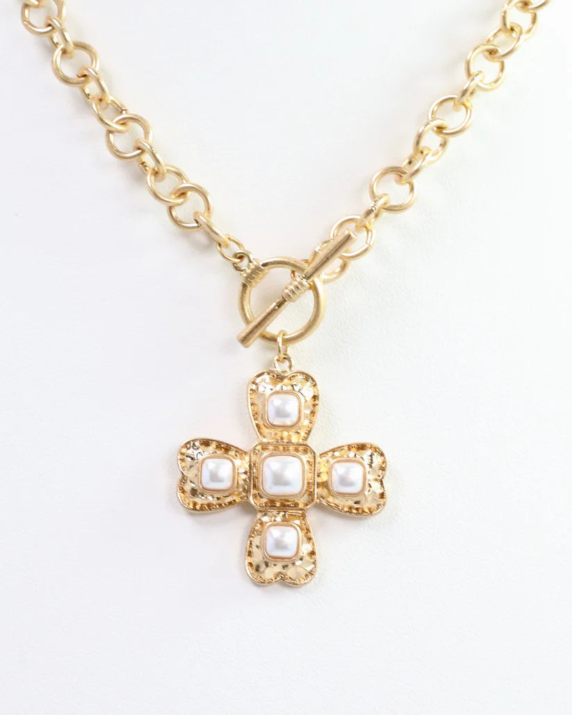 GOLD AND PEARL CROSS NECKLACE