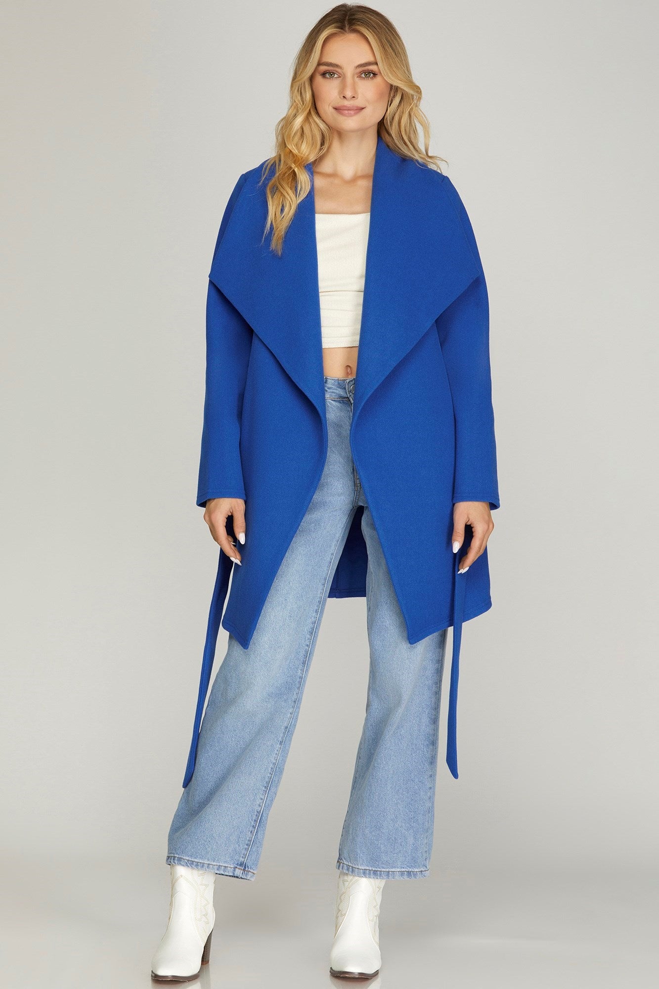 LONG SLEEVE OPEN FRONT WRAP COAT WITH FRONT TIE