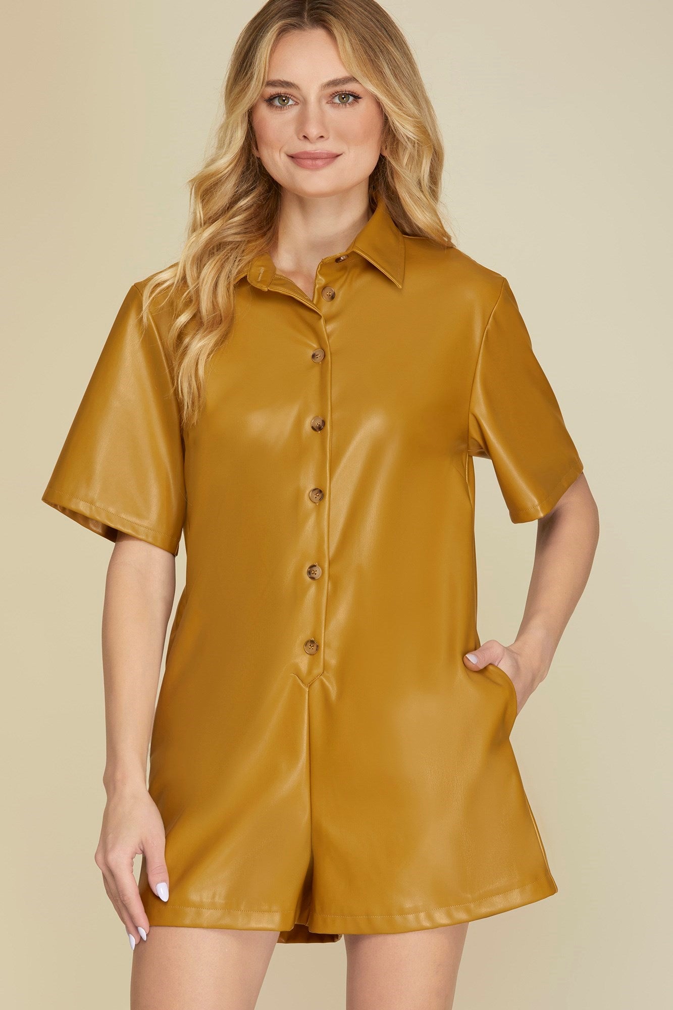 HALF SLEEVE BUTTON DOWN FAUX LEATHER ROMPER
