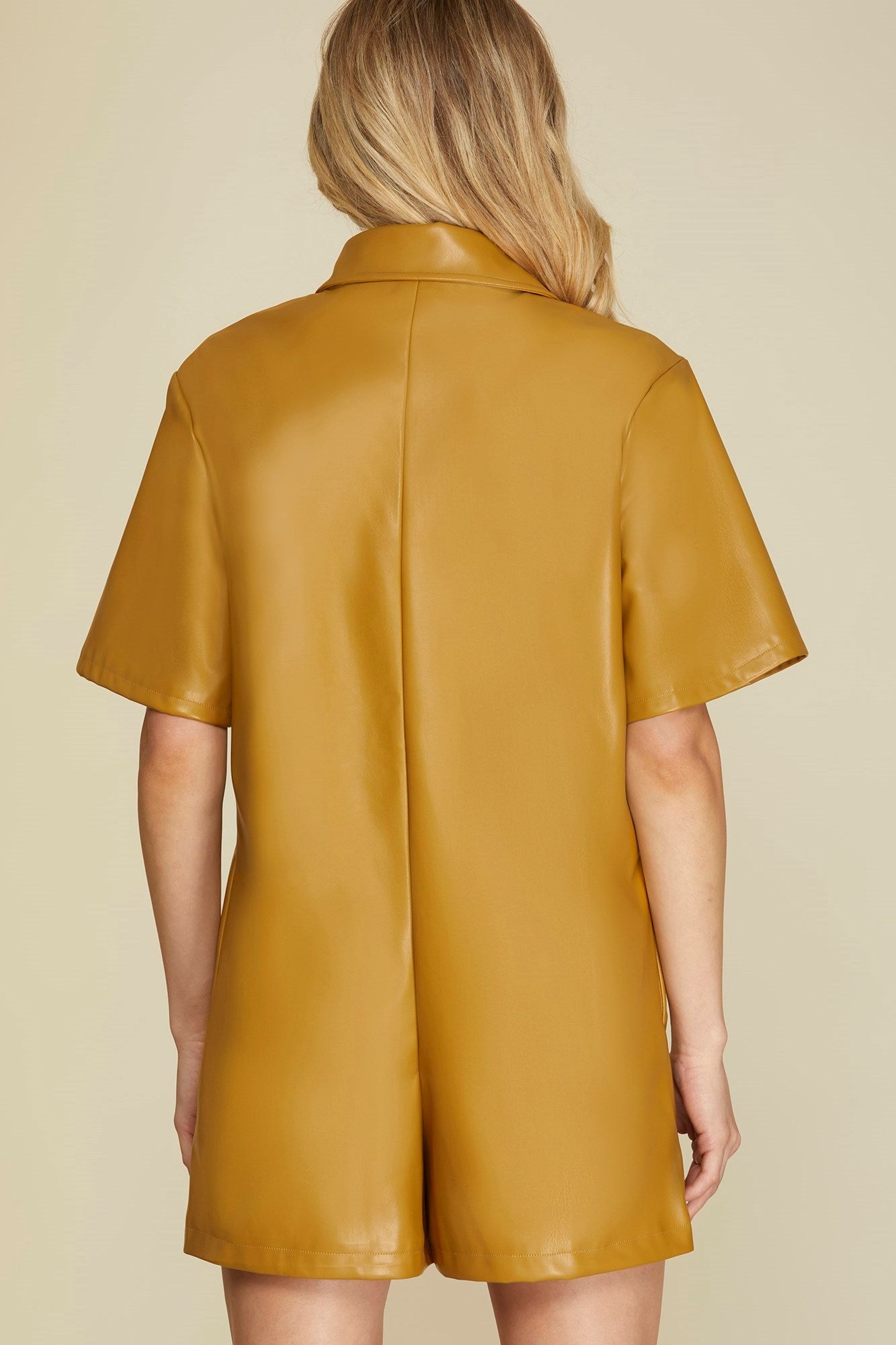 HALF SLEEVE BUTTON DOWN FAUX LEATHER ROMPER