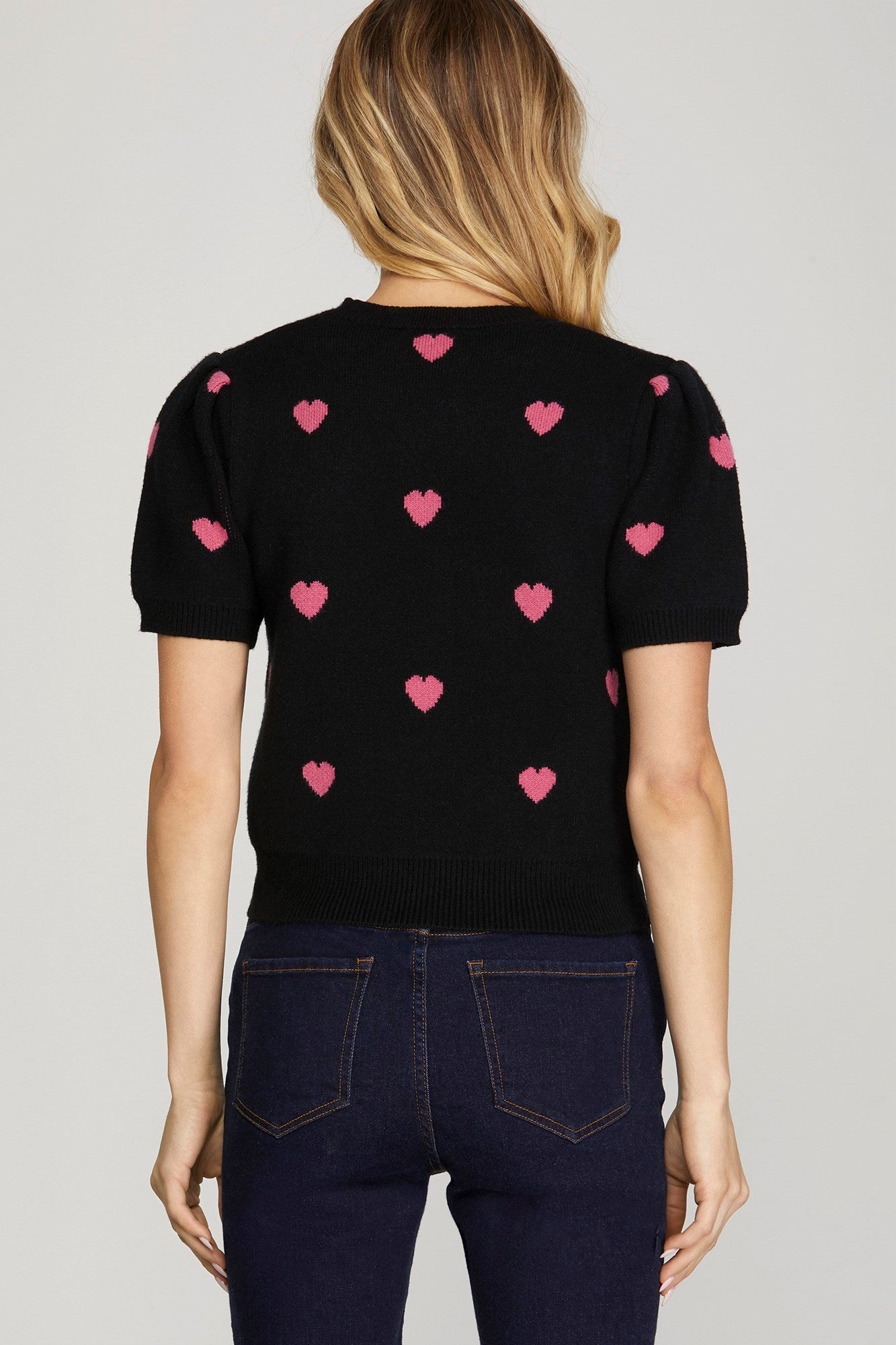 PUFF SLEEVE HEART PATTERN SWEATER
