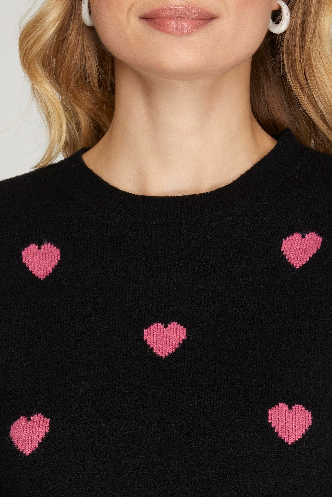 PUFF SLEEVE HEART PATTERN SWEATER