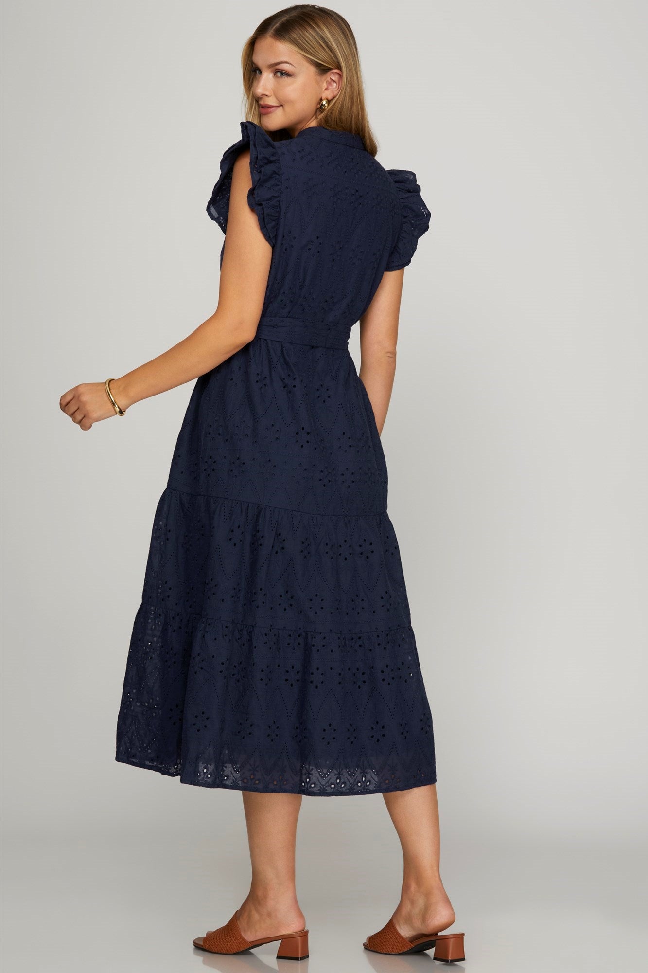 RUFFLE SLEEVE EYELET LACE MIDI DRESS