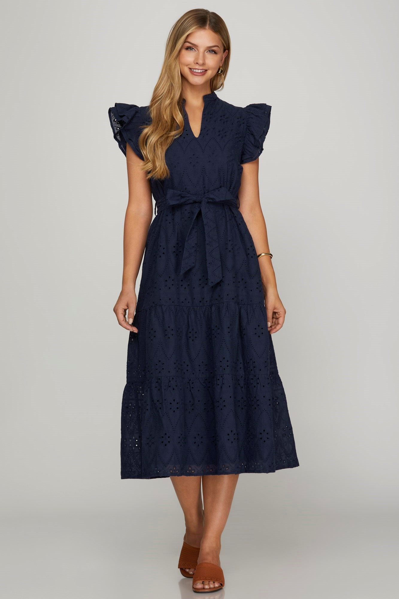 RUFFLE SLEEVE EYELET LACE MIDI DRESS
