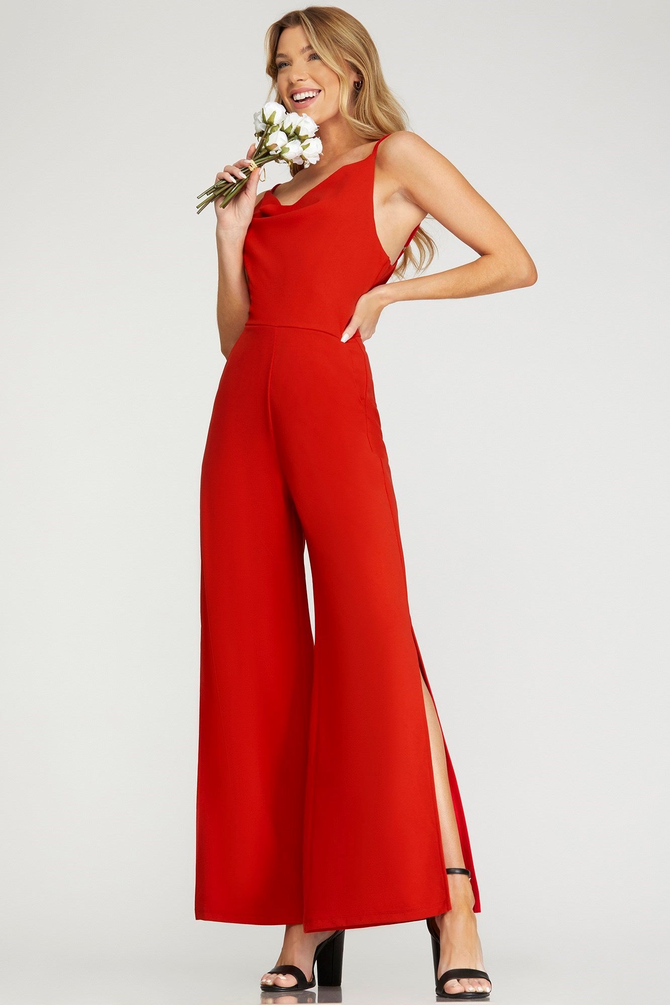 COWL NECK WIDE LEG HEAVY KNIT JUMPSUIT