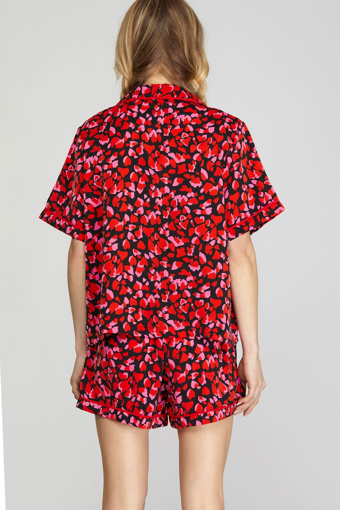 HEART PRINT PAJAMA SHORTS SET-BLACK/PINK