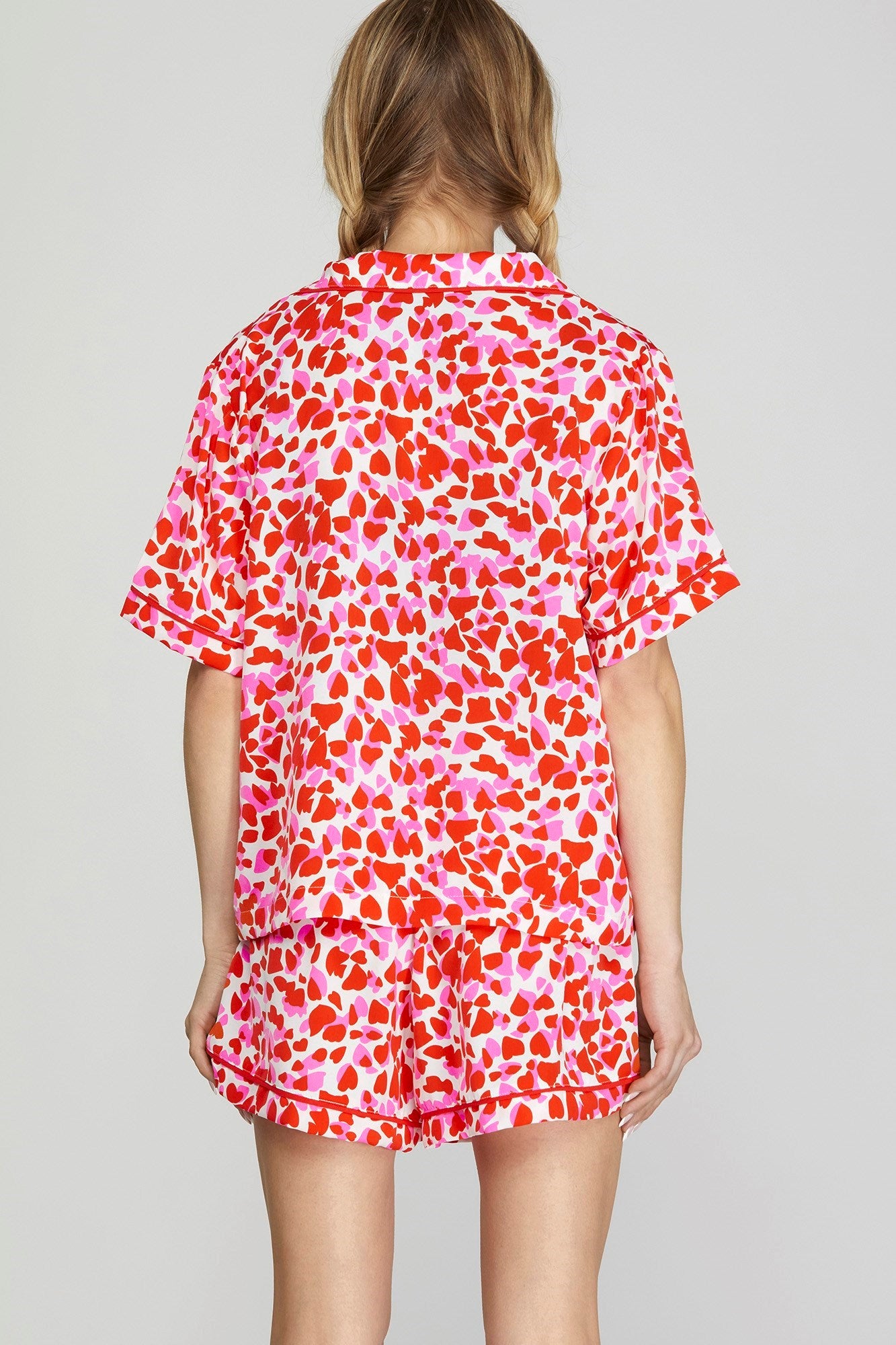 HEART PRINT PAJAMA SHORTS SET-OFF WHITE/PINK