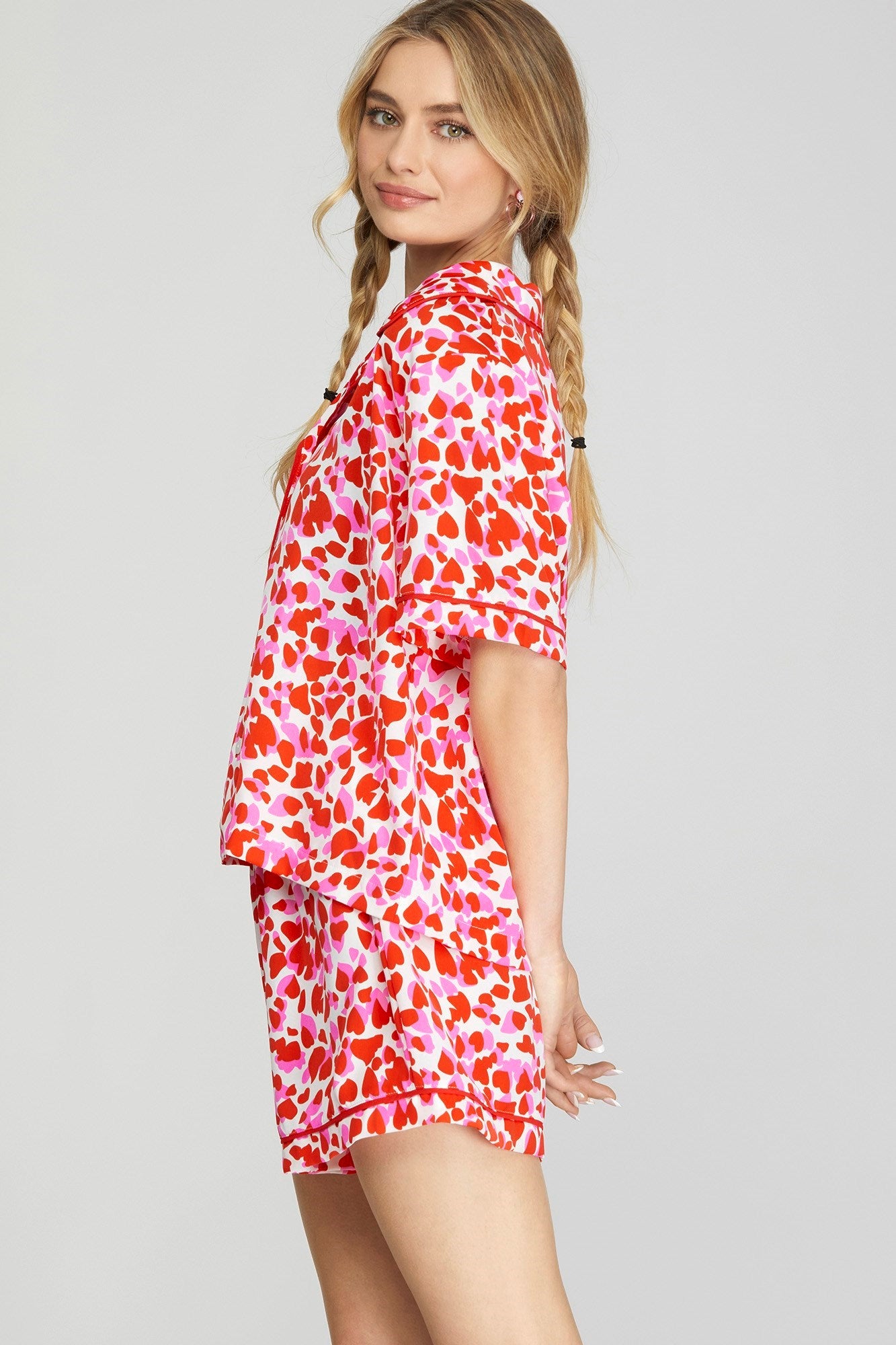 HEART PRINT PAJAMA SHORTS SET-OFF WHITE/PINK