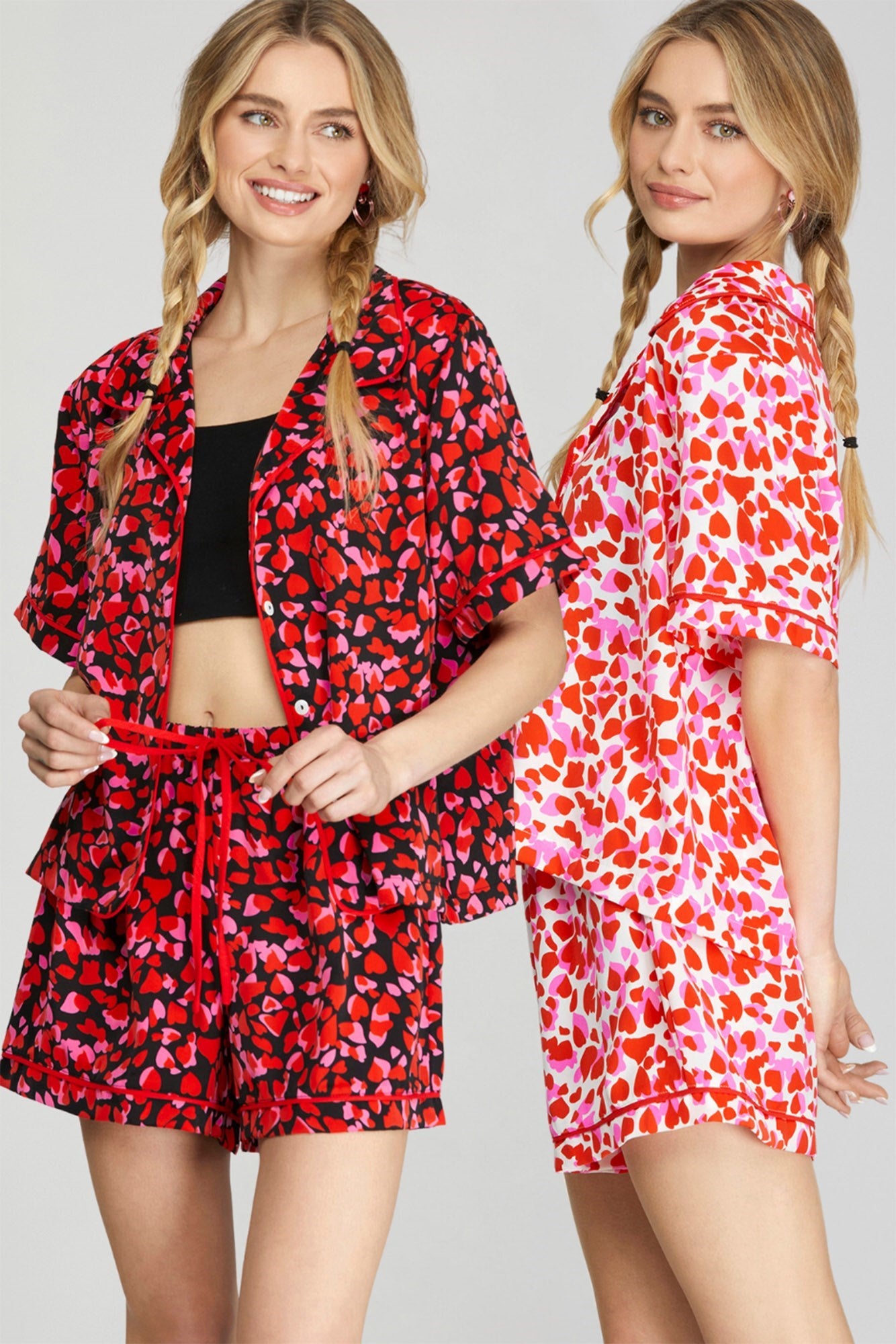 HEART PRINT PAJAMA SHORTS SET-BLACK/PINK
