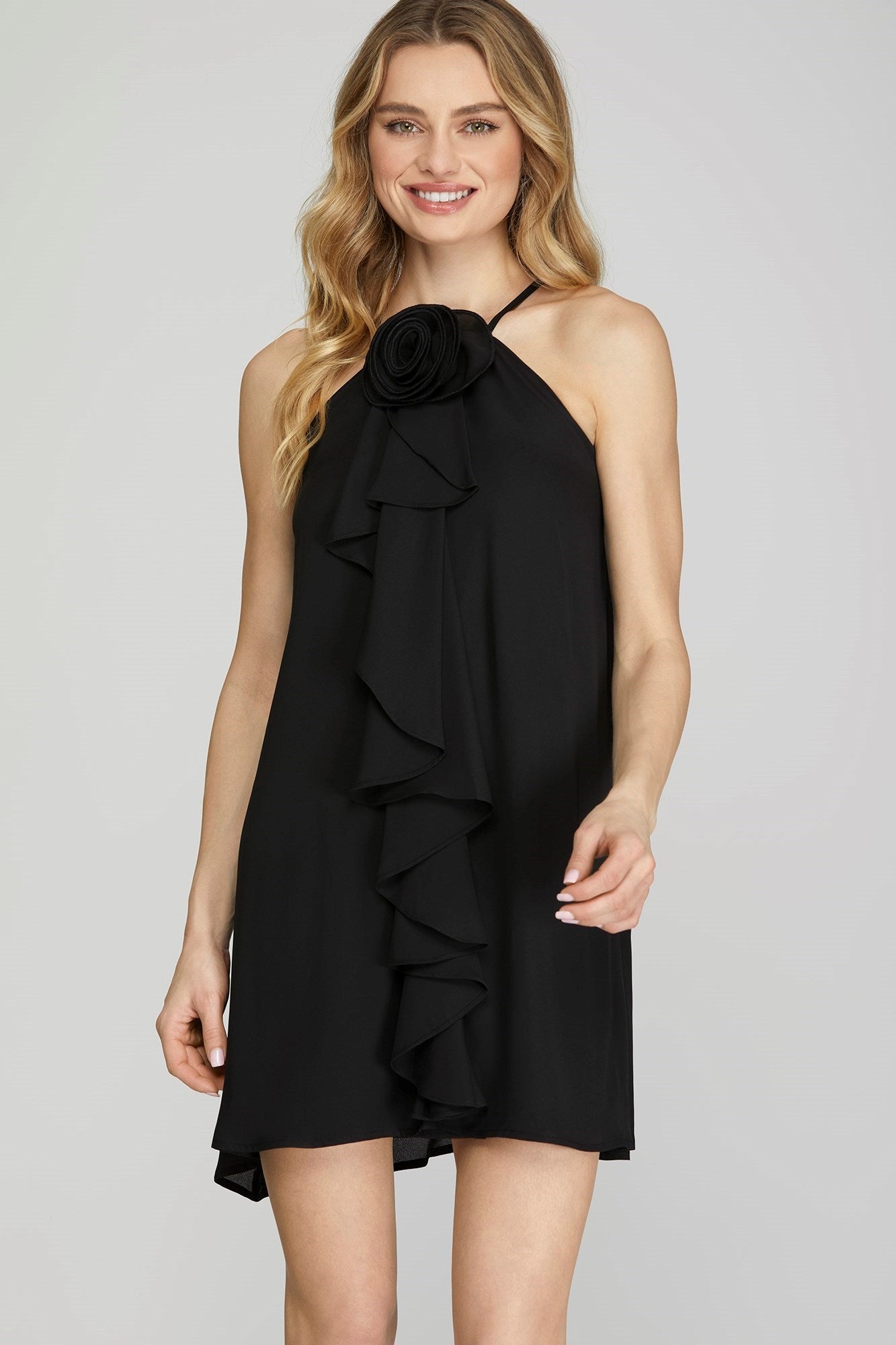 ROSETTE RUFFLED HALTER DRESS
