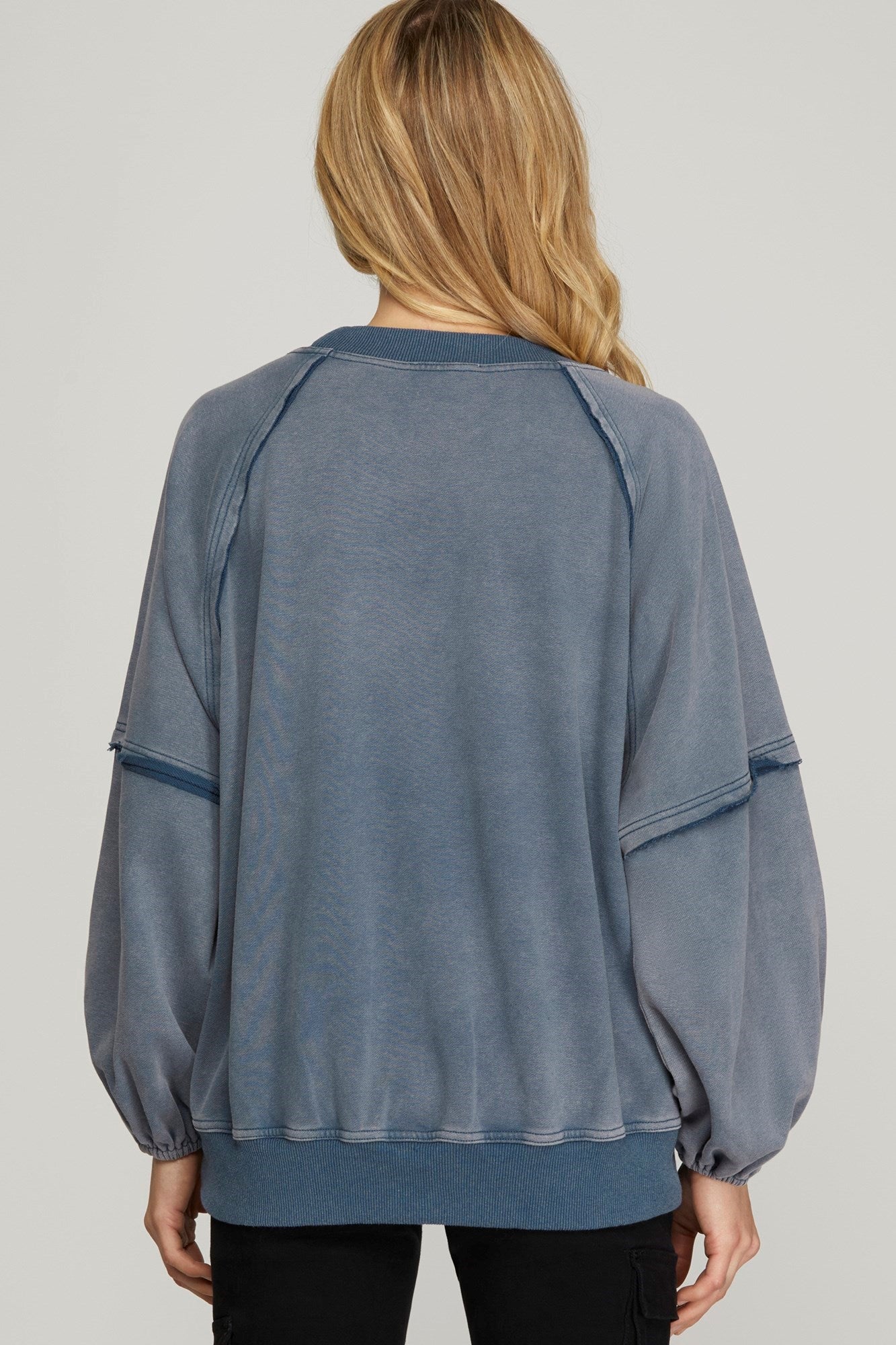 BALLOON SLEEVE ROUND NECK WASHED PULLOVER SWEATSHIRT