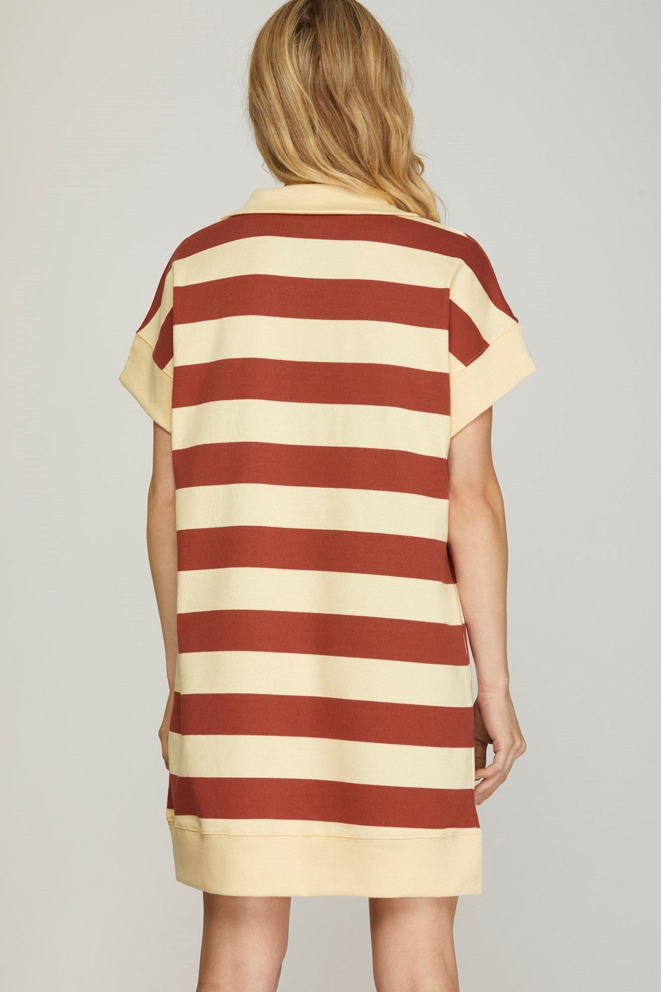 SHORT SLEEVE HALF ZIP STRIPED FRENCH TERRY DRESS WITH SIDE POCKET