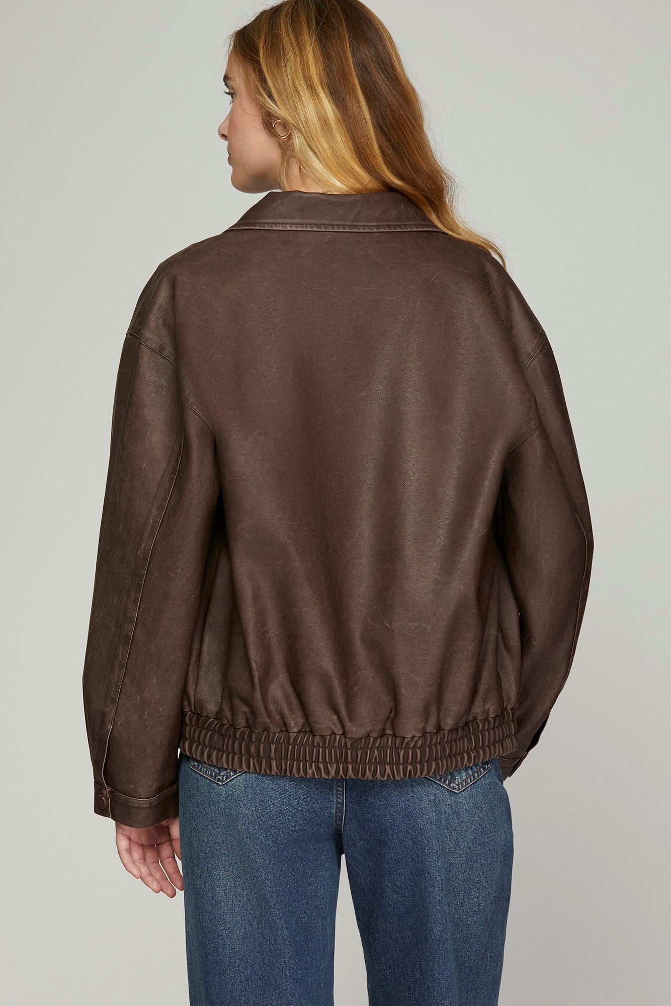 LONG SLEEVE WASHED FAUX LEATHER ZIP JACKET WITH SIDE POCKET