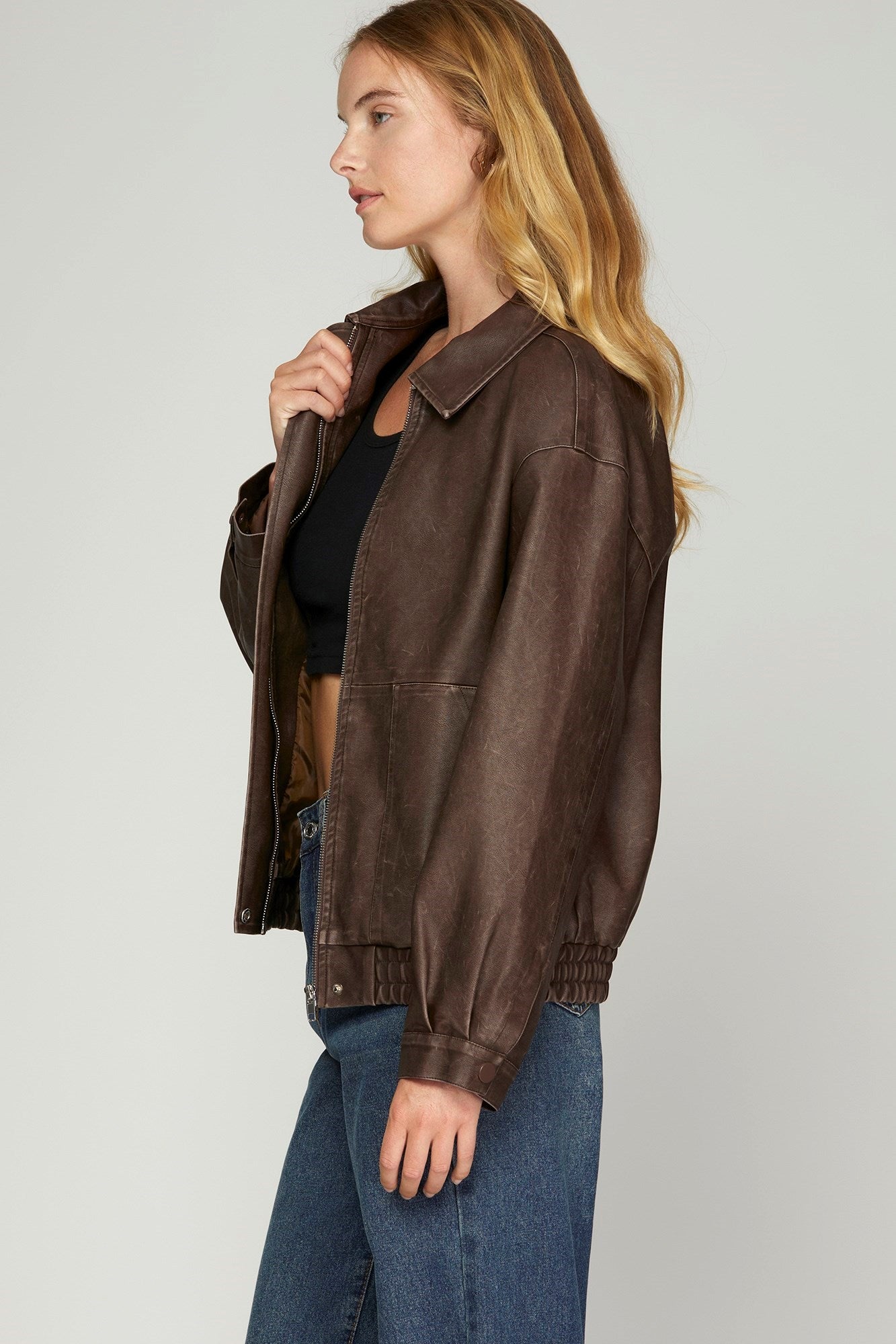 LONG SLEEVE WASHED FAUX LEATHER ZIP JACKET WITH SIDE POCKET