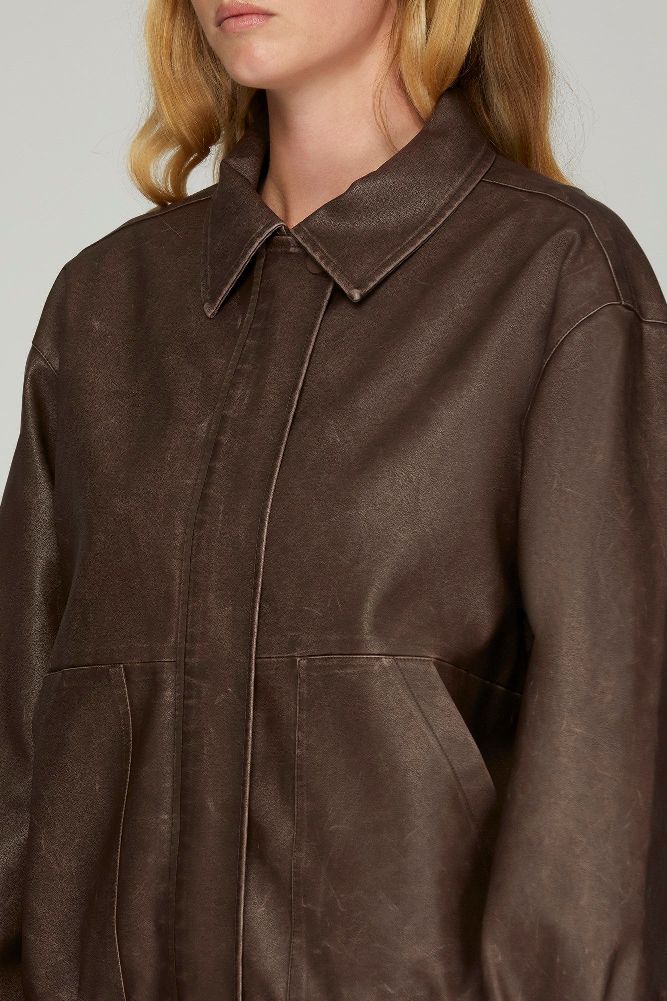LONG SLEEVE WASHED FAUX LEATHER ZIP JACKET WITH SIDE POCKET