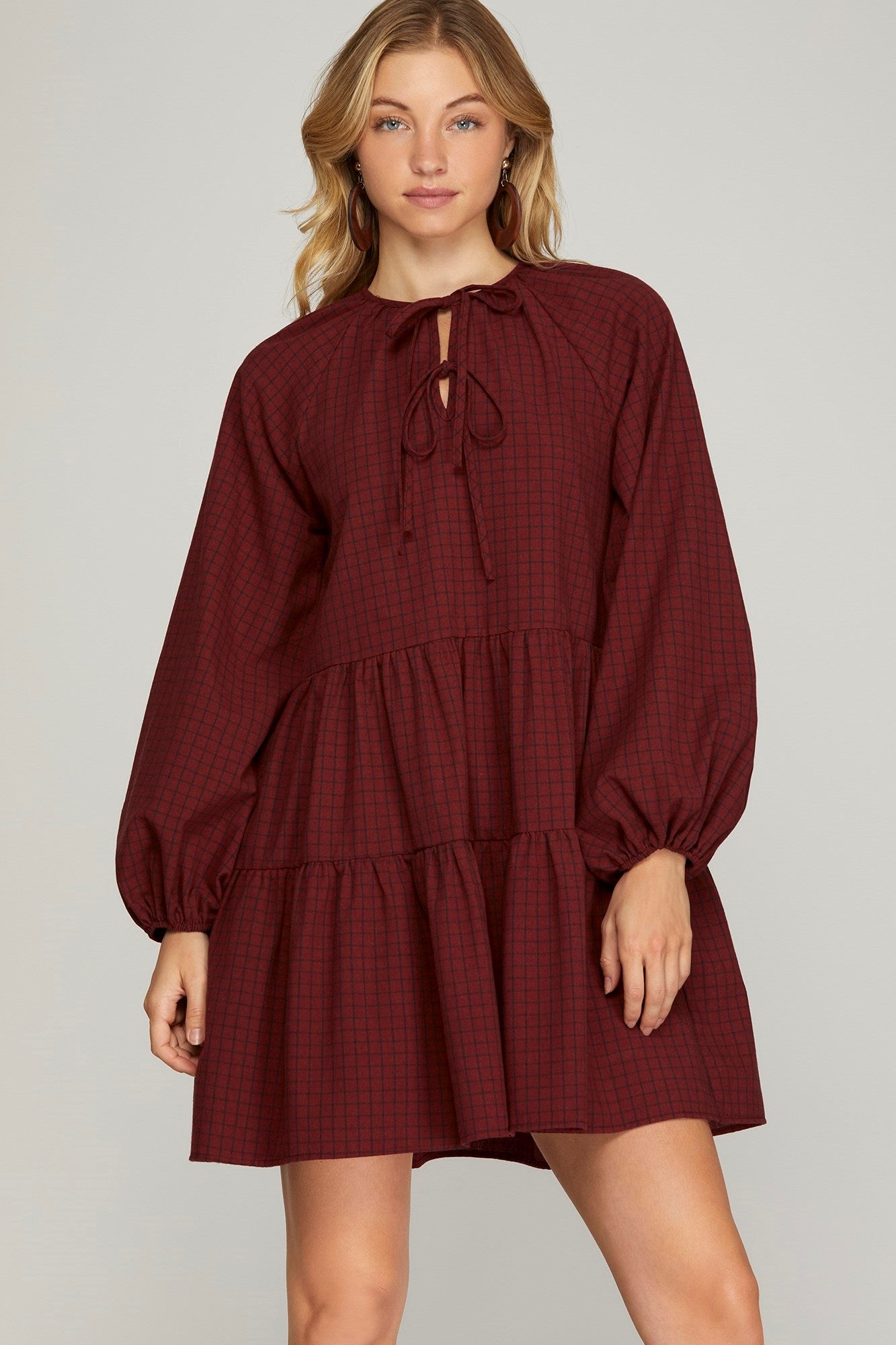 LONG SLEEVE WOVEN PLAID TIE FRONT TIERED DRESS WITH POCKETS