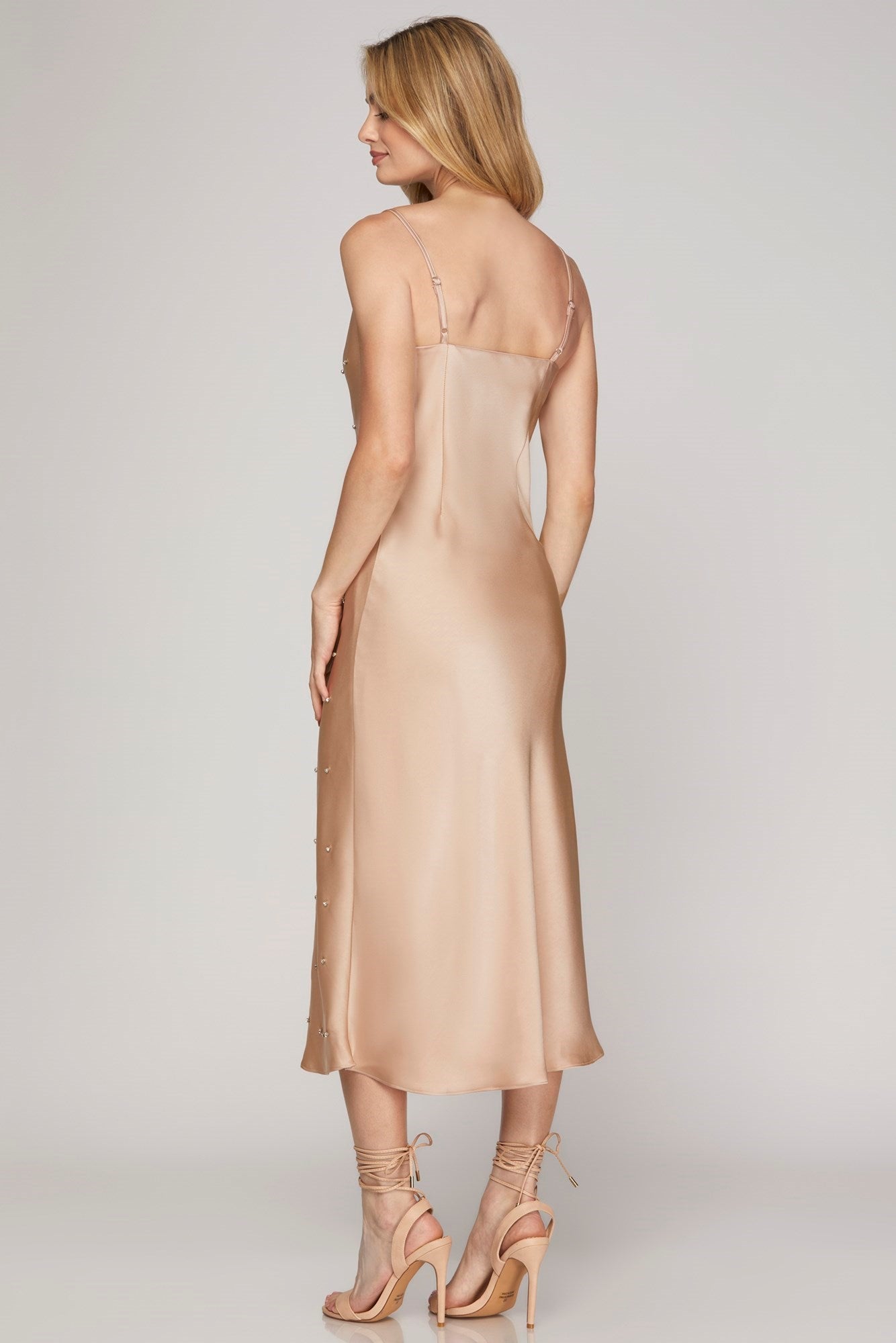 COWL NECK RHINESTONE CAMI MIDI DRESS
