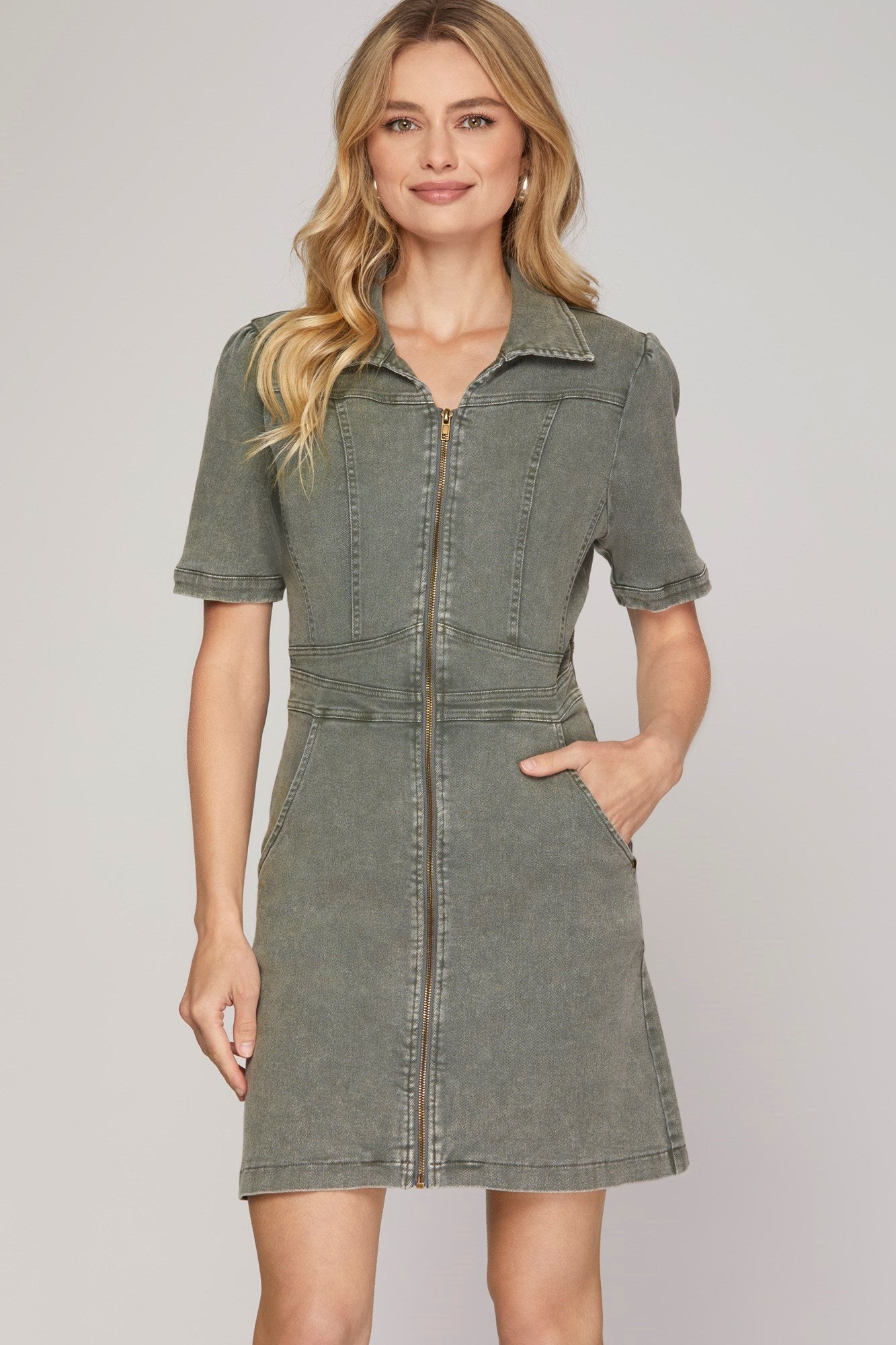1/2 SLEEVE FRONT ZIP WASHED DRESS WITH POCKETS