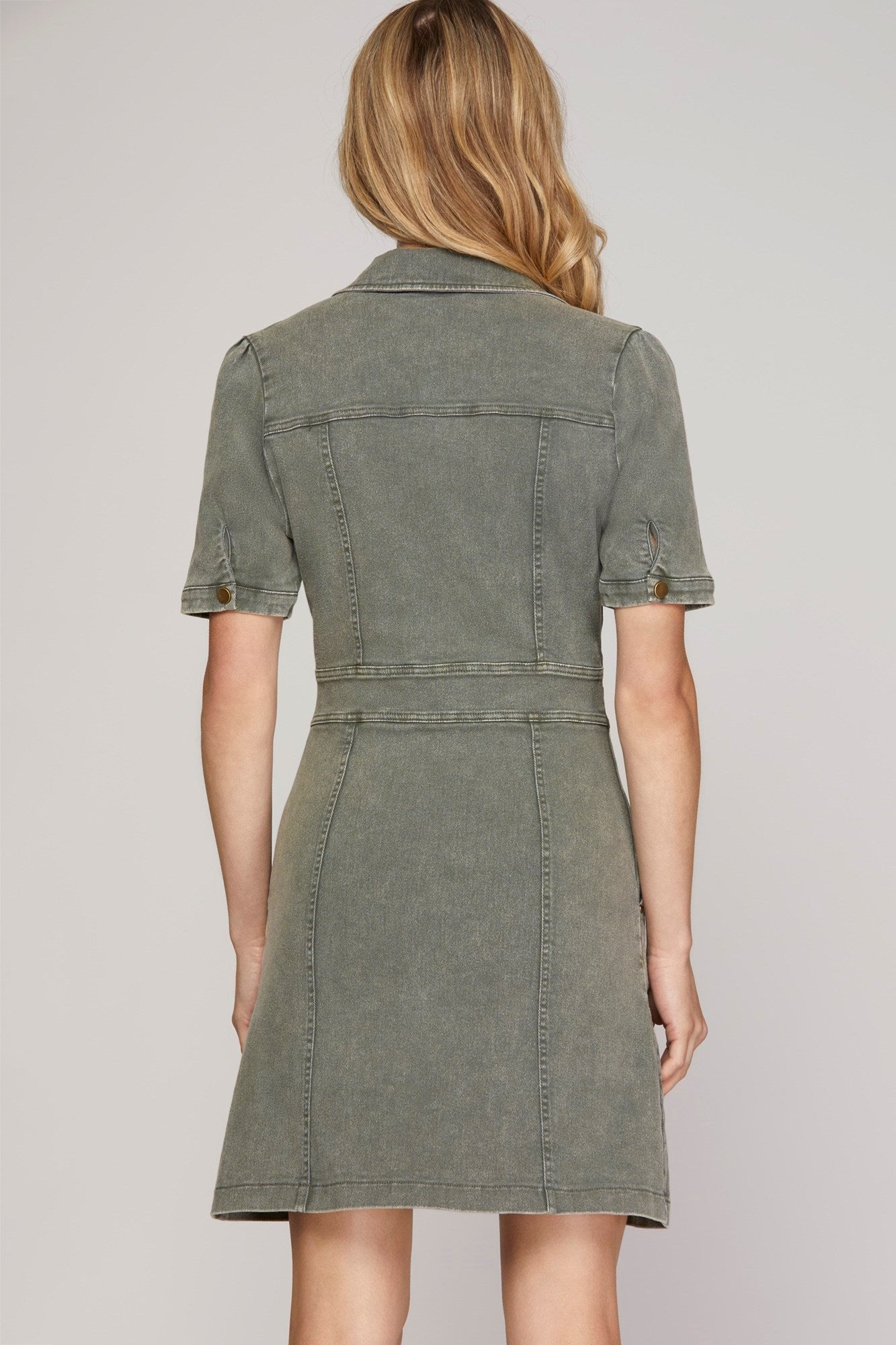 1/2 SLEEVE FRONT ZIP WASHED DRESS WITH POCKETS