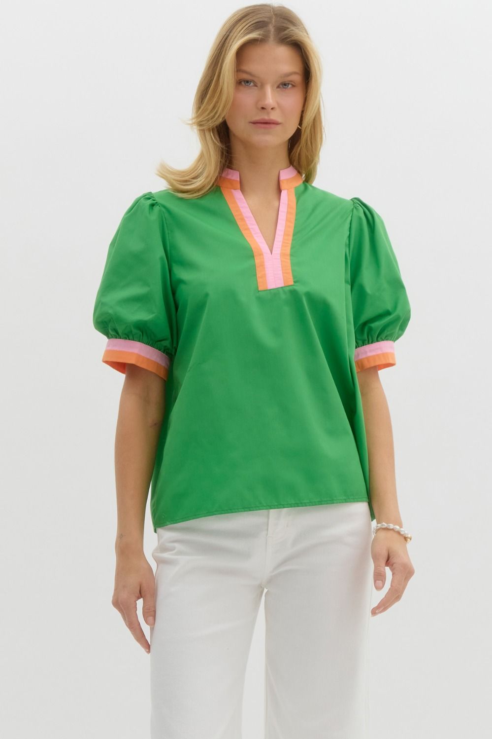 BRIGHT GREEN PUFF SLEEVE TOP WITH CONTRAST TRIM