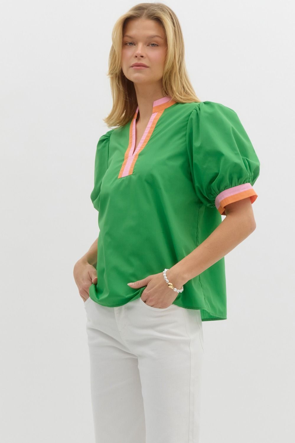 BRIGHT GREEN PUFF SLEEVE TOP WITH CONTRAST TRIM