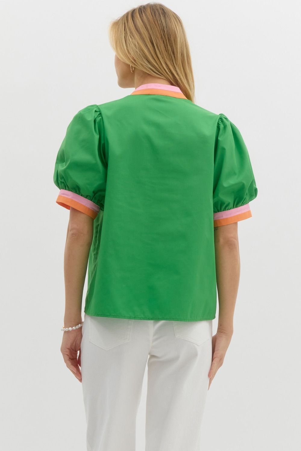 BRIGHT GREEN PUFF SLEEVE TOP WITH CONTRAST TRIM